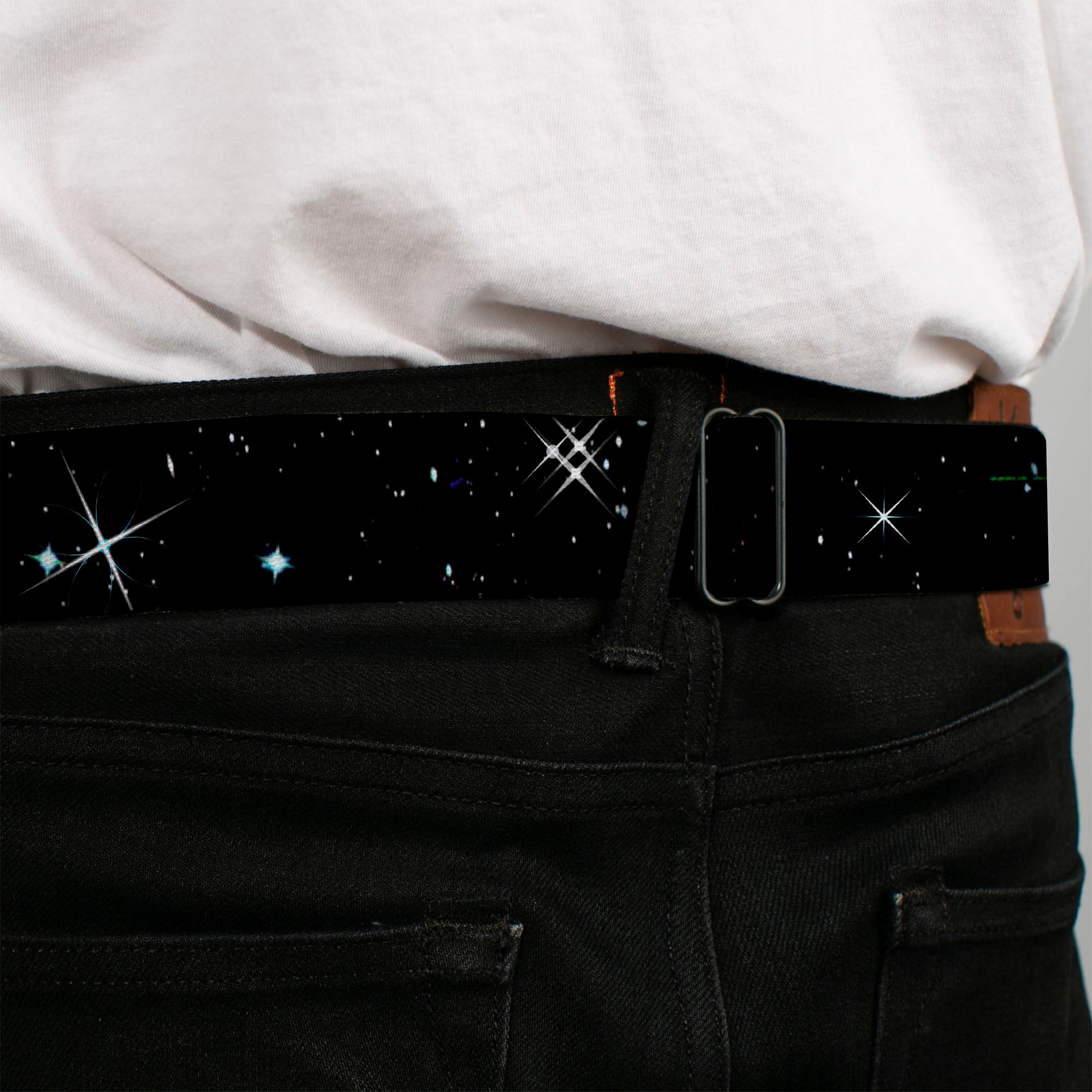 BD Wings Logo CLOSE-UP Full Color Black Silver Seatbelt Belt - Shining Stars Black/White Webbing Seatbelt Belts Buckle-Down