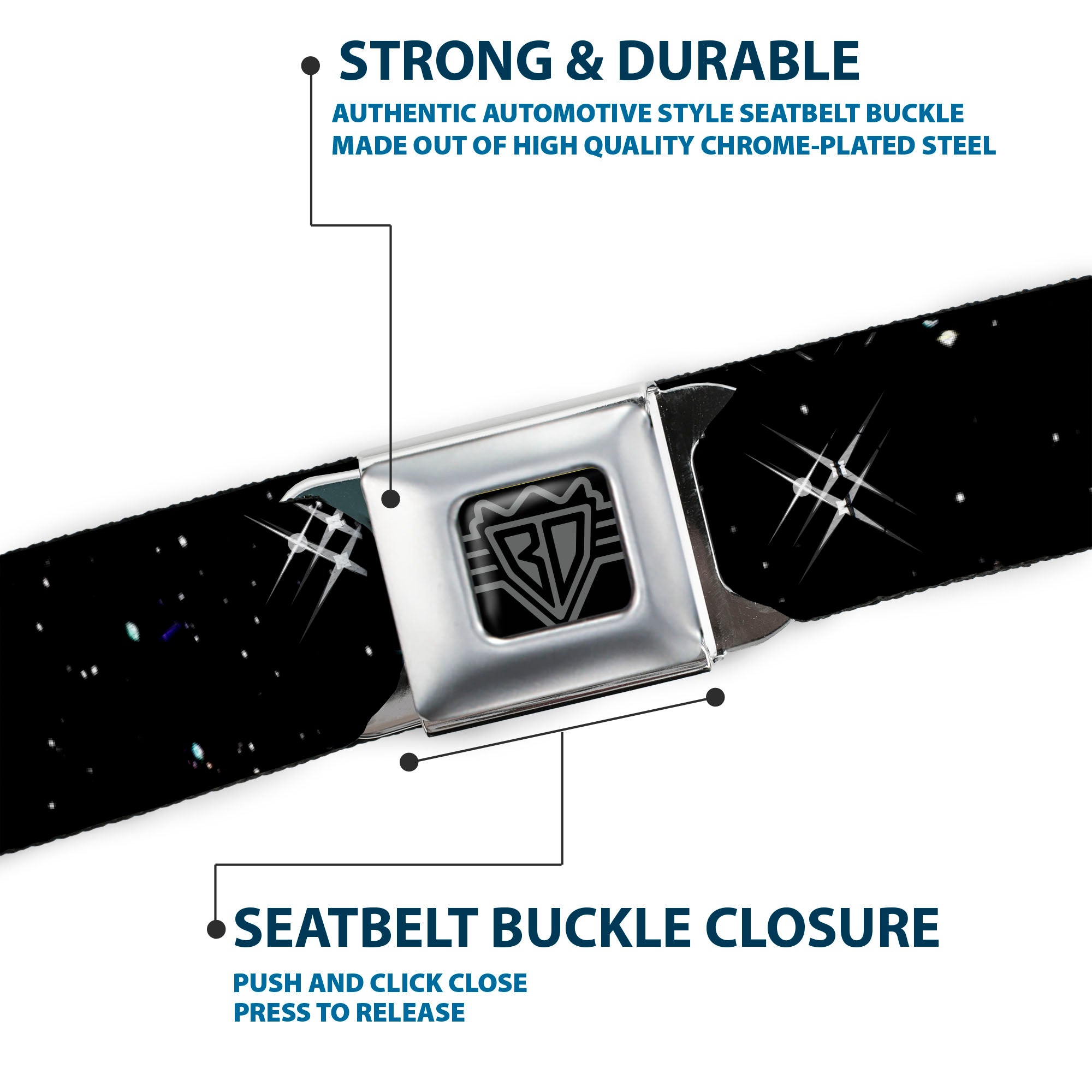 BD Wings Logo CLOSE-UP Full Color Black Silver Seatbelt Belt - Shining Stars Black/White Webbing Seatbelt Belts Buckle-Down