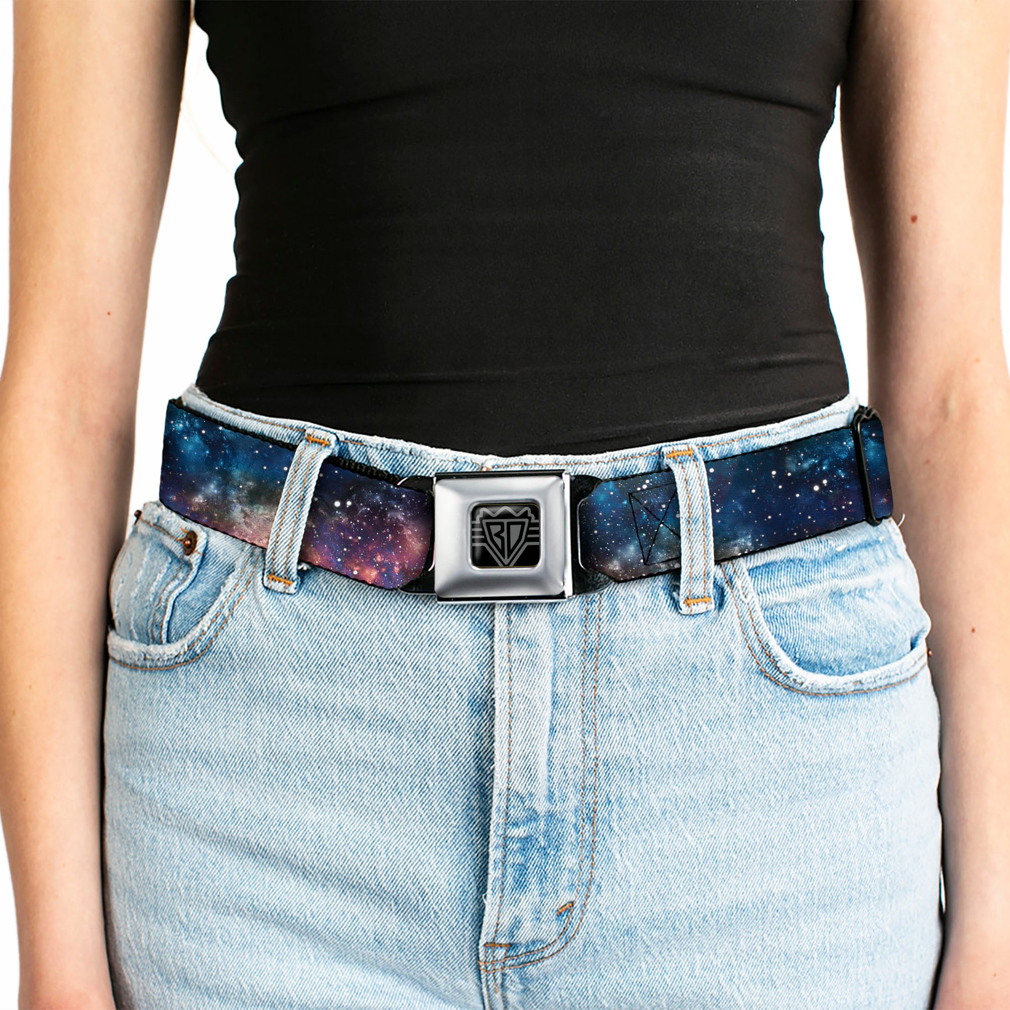BD Wings Logo CLOSE-UP Full Color Black Silver Seatbelt Belt - Space Dust Collage Webbing Seatbelt Belts Buckle-Down