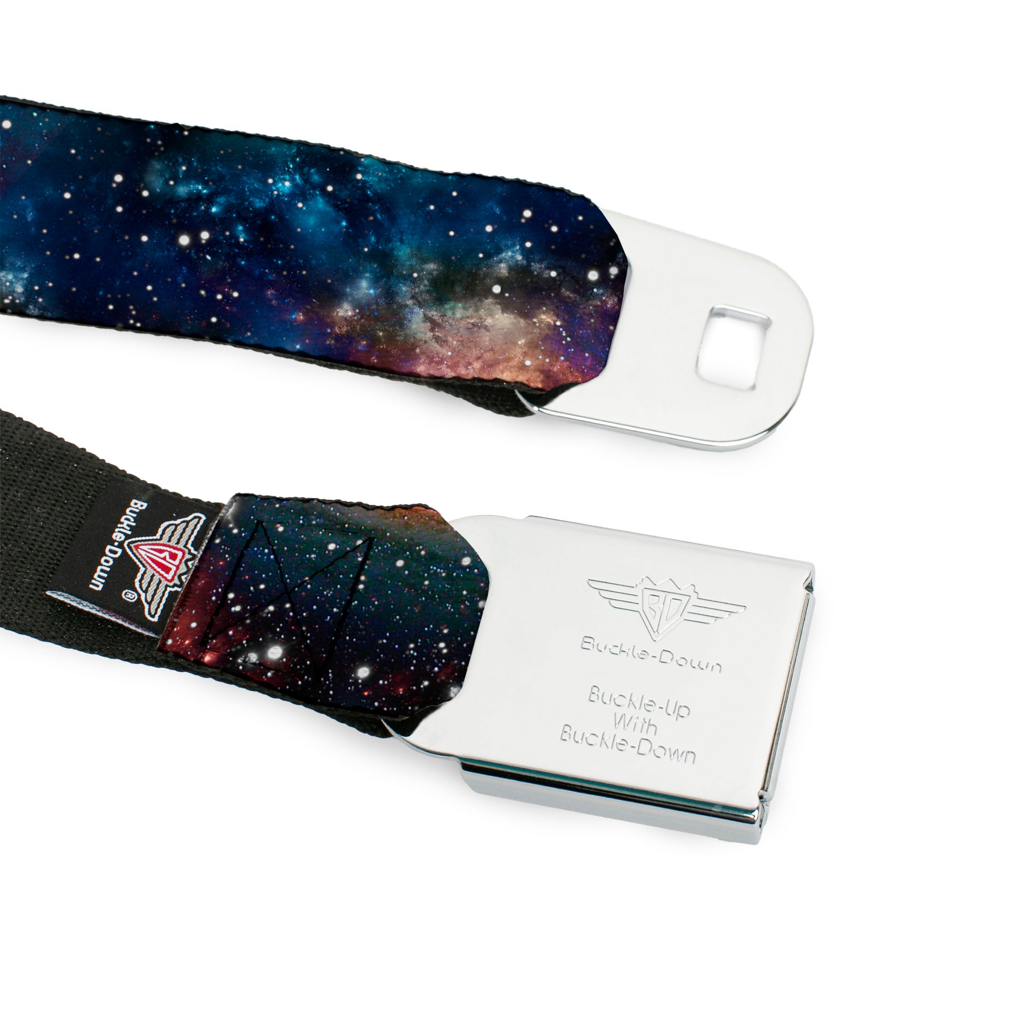 BD Wings Logo CLOSE-UP Full Color Black Silver Seatbelt Belt - Space Dust Collage Webbing Seatbelt Belts Buckle-Down