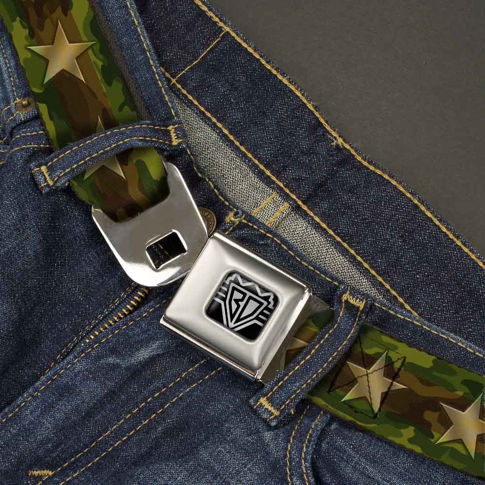 BD Wings Logo CLOSE-UP Full Color Black Silver Seatbelt Belt - Star Camo Olive/Gold Webbing Seatbelt Belts Buckle-Down