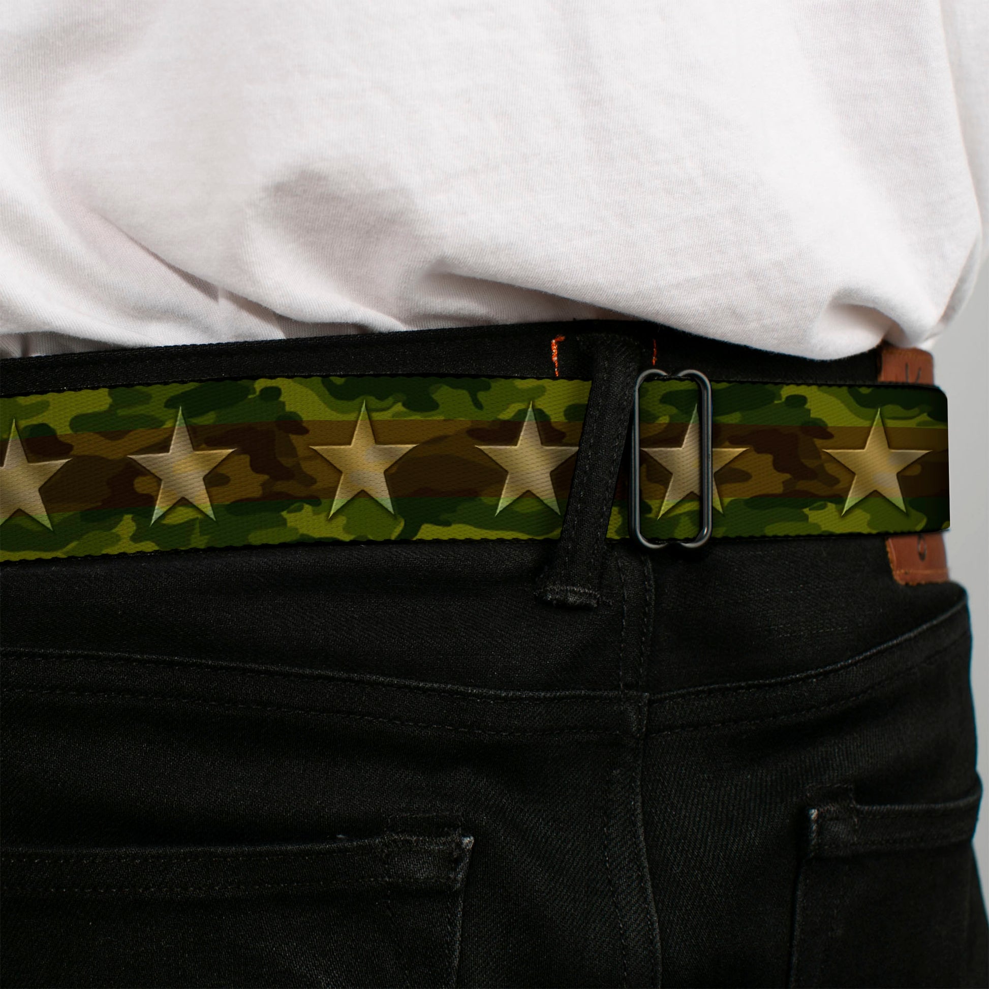 BD Wings Logo CLOSE-UP Full Color Black Silver Seatbelt Belt - Star Camo Olive/Gold Webbing Seatbelt Belts Buckle-Down