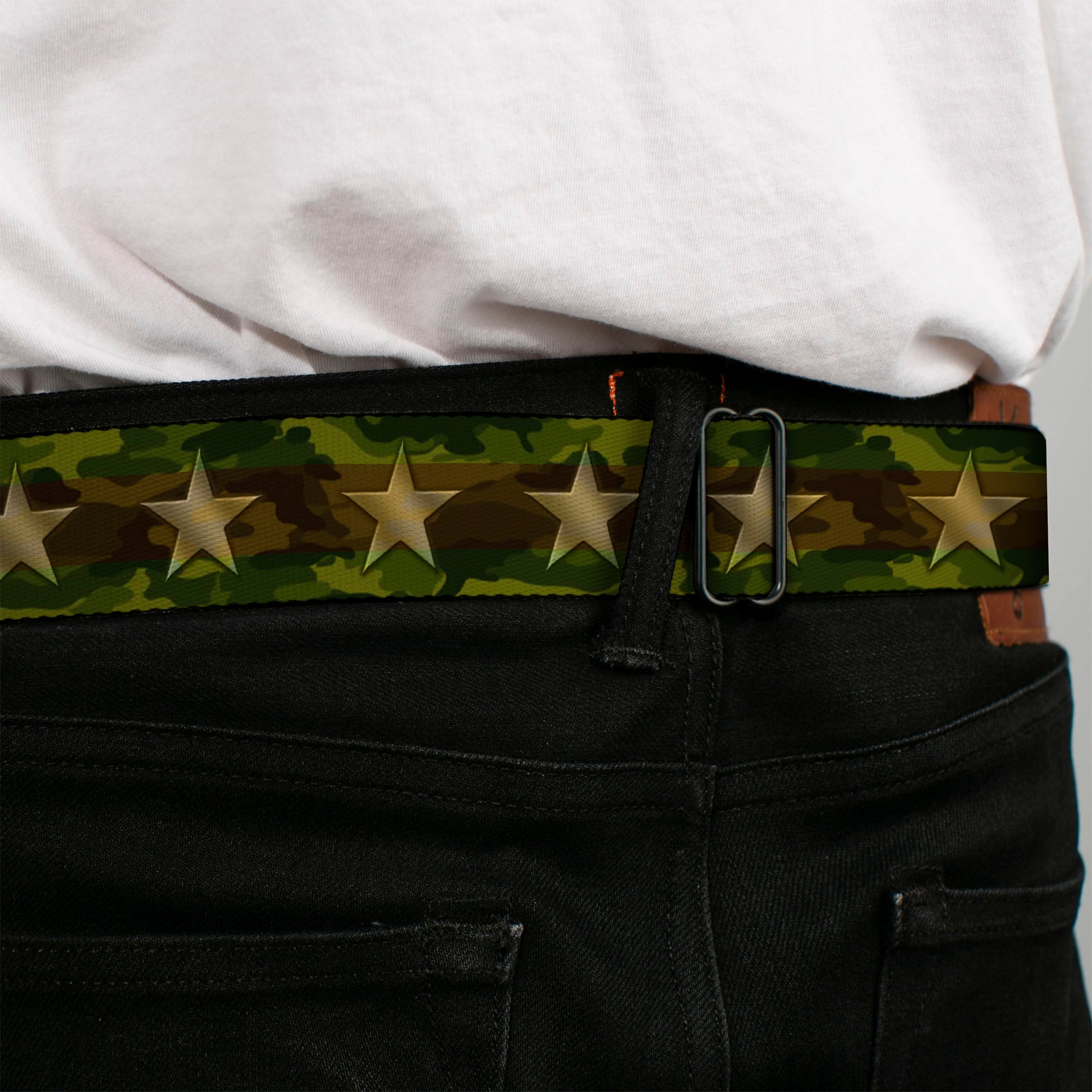 BD Wings Logo CLOSE-UP Full Color Black Silver Seatbelt Belt - Star Camo Olive/Gold Webbing Seatbelt Belts Buckle-Down