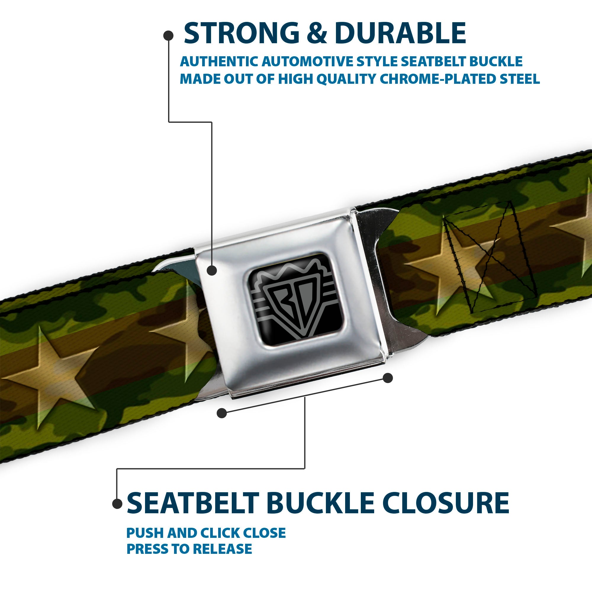 BD Wings Logo CLOSE-UP Full Color Black Silver Seatbelt Belt - Star Camo Olive/Gold Webbing Seatbelt Belts Buckle-Down