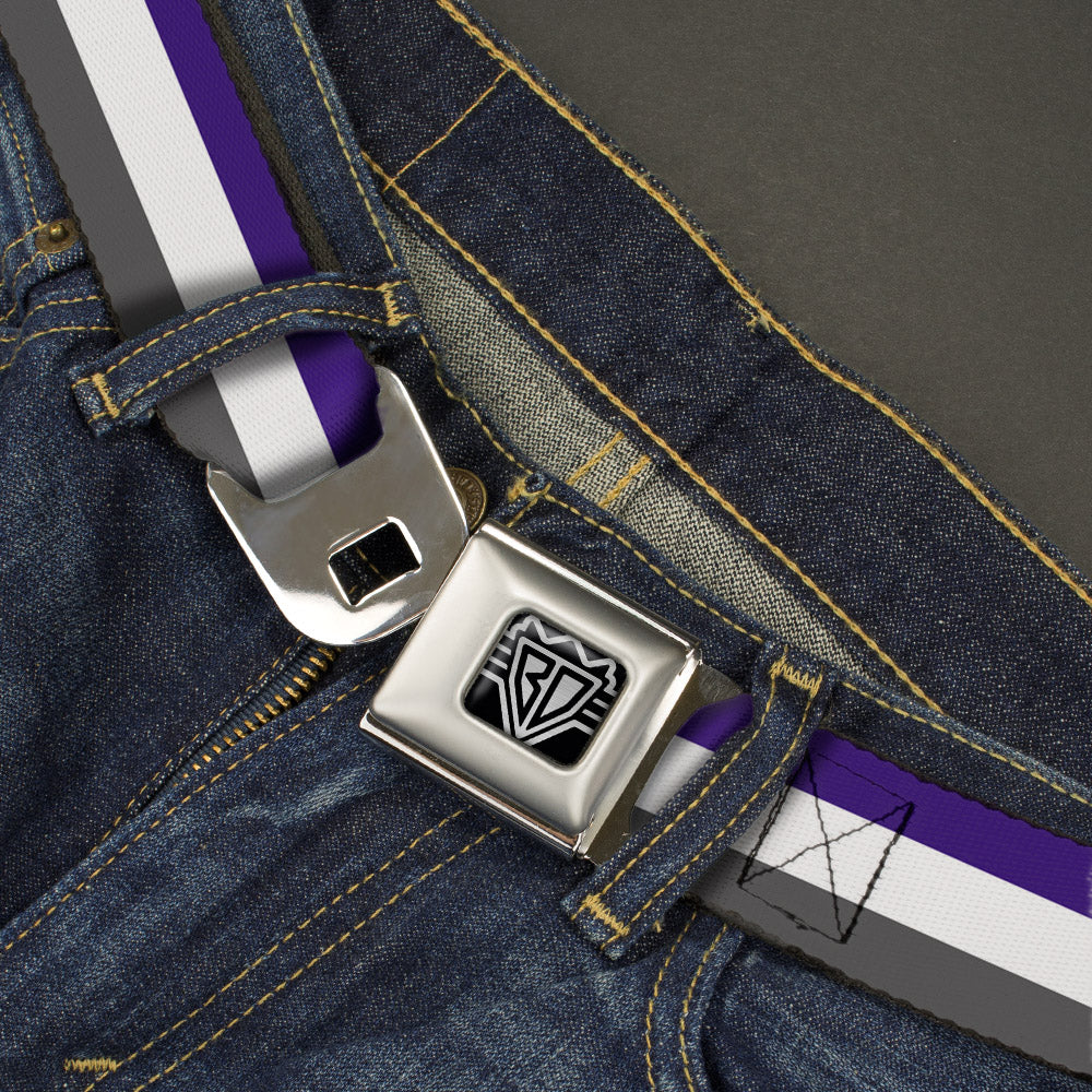 BD Wings Logo CLOSE-UP Full Color Black Silver Seatbelt Belt - Stripes Purple/White/Gray Webbing Seatbelt Belts Buckle-Down