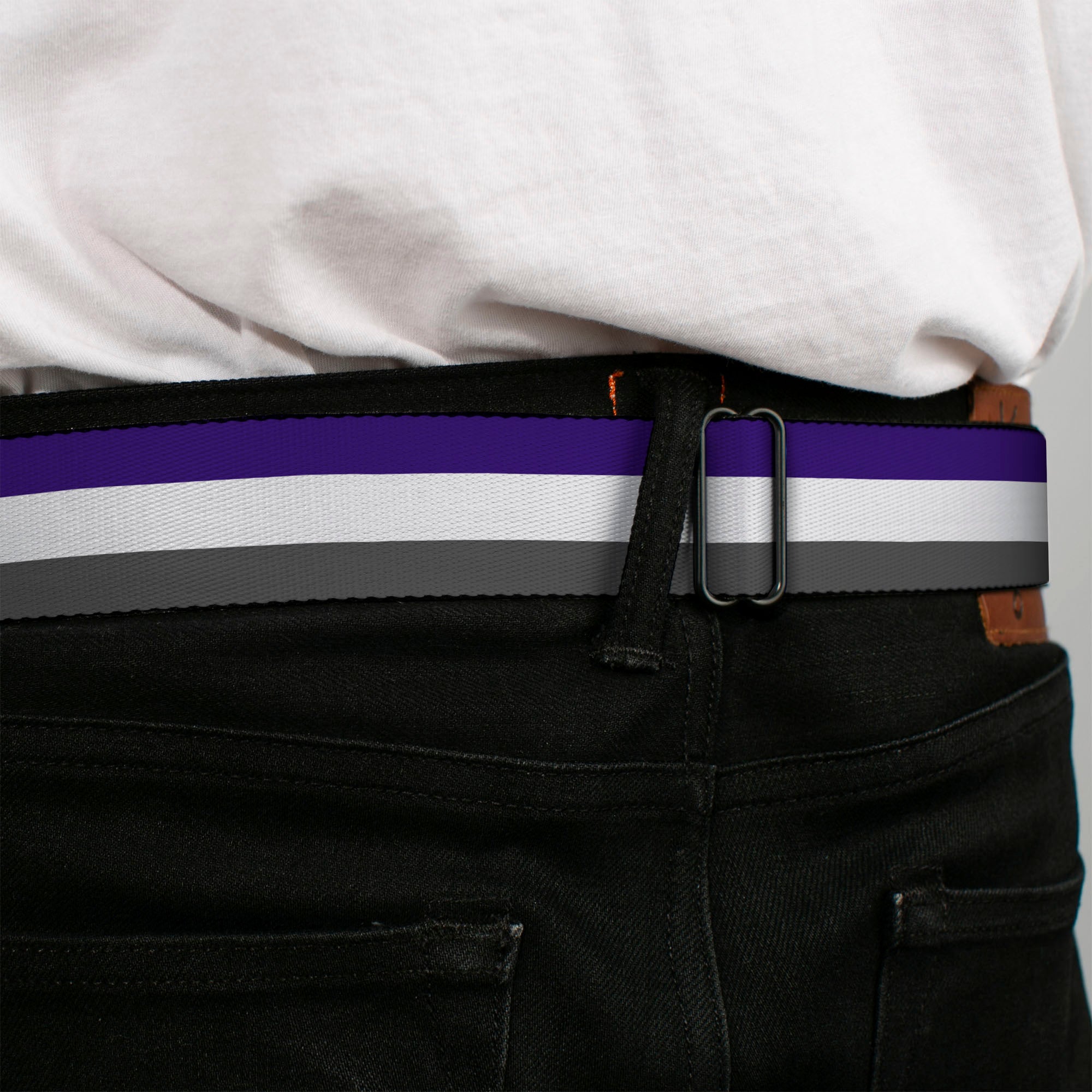 BD Wings Logo CLOSE-UP Full Color Black Silver Seatbelt Belt - Stripes Purple/White/Gray Webbing Seatbelt Belts Buckle-Down
