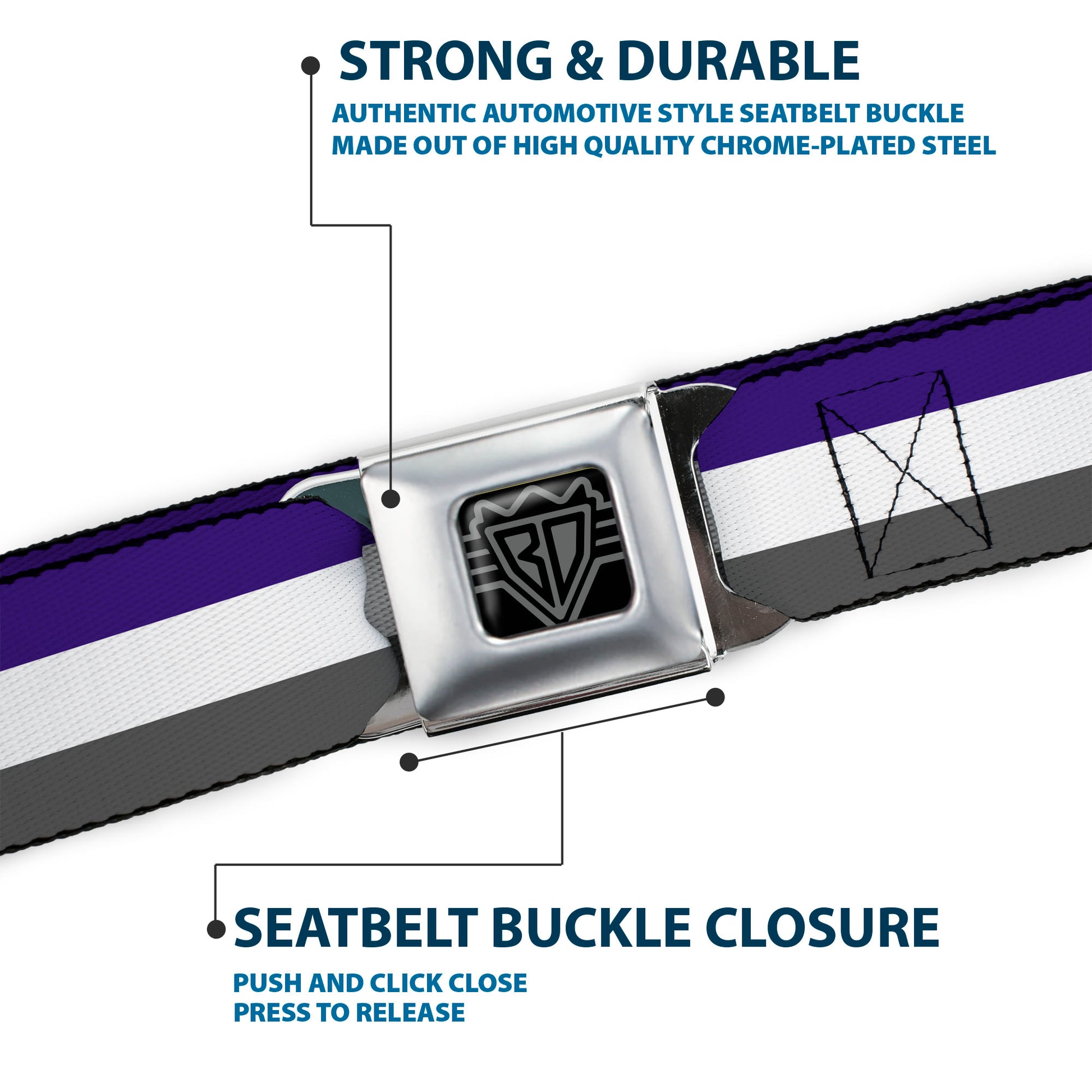 BD Wings Logo CLOSE-UP Full Color Black Silver Seatbelt Belt - Stripes Purple/White/Gray Webbing Seatbelt Belts Buckle-Down
