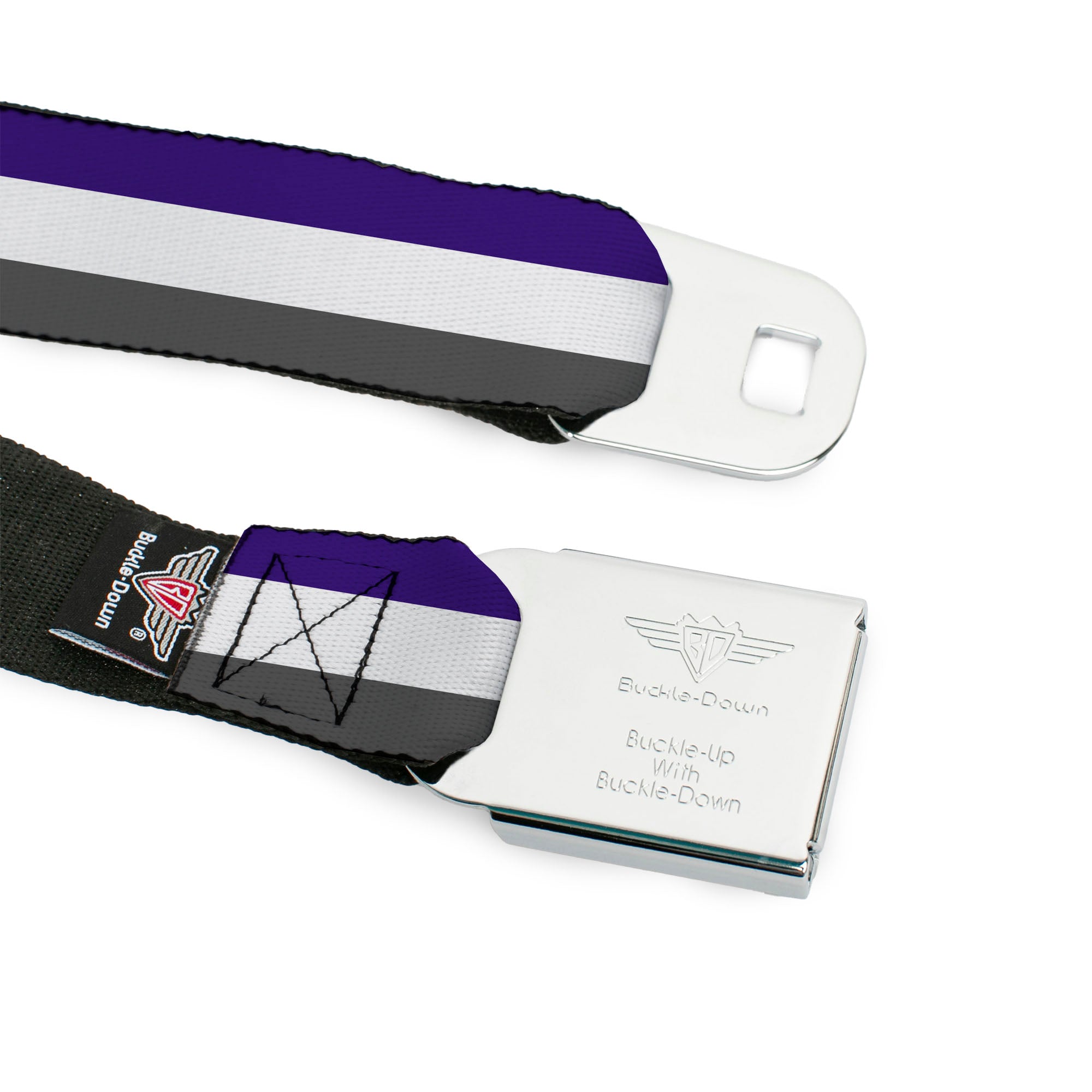 BD Wings Logo CLOSE-UP Full Color Black Silver Seatbelt Belt - Stripes Purple/White/Gray Webbing Seatbelt Belts Buckle-Down