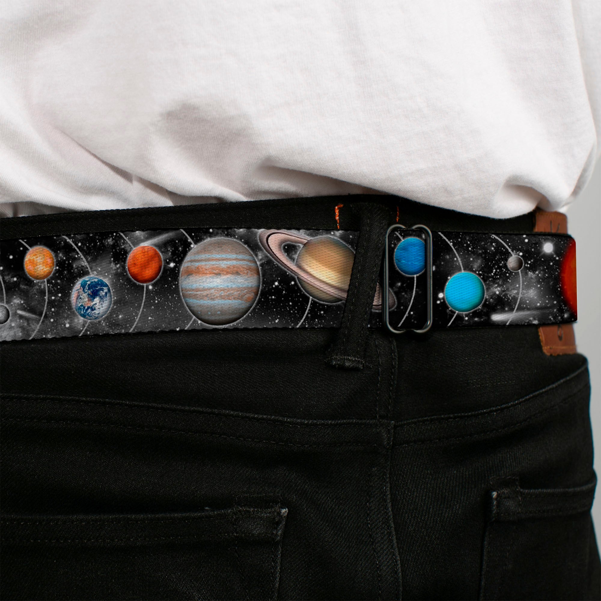 BD Wings Logo CLOSE-UP Full Color Black Silver Seatbelt Belt - Solar System Sun/Planets/Stars Webbing Seatbelt Belts Buckle-Down