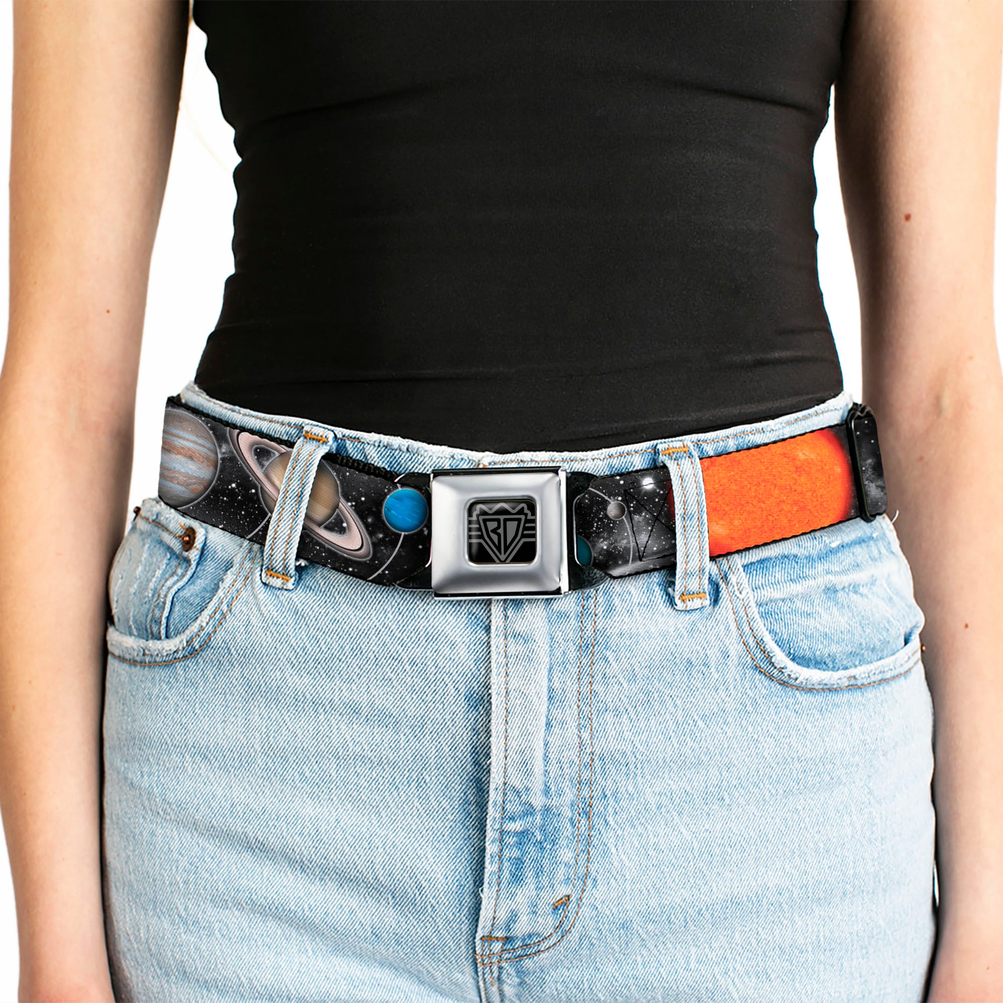 BD Wings Logo CLOSE-UP Full Color Black Silver Seatbelt Belt - Solar System Sun/Planets/Stars Webbing Seatbelt Belts Buckle-Down