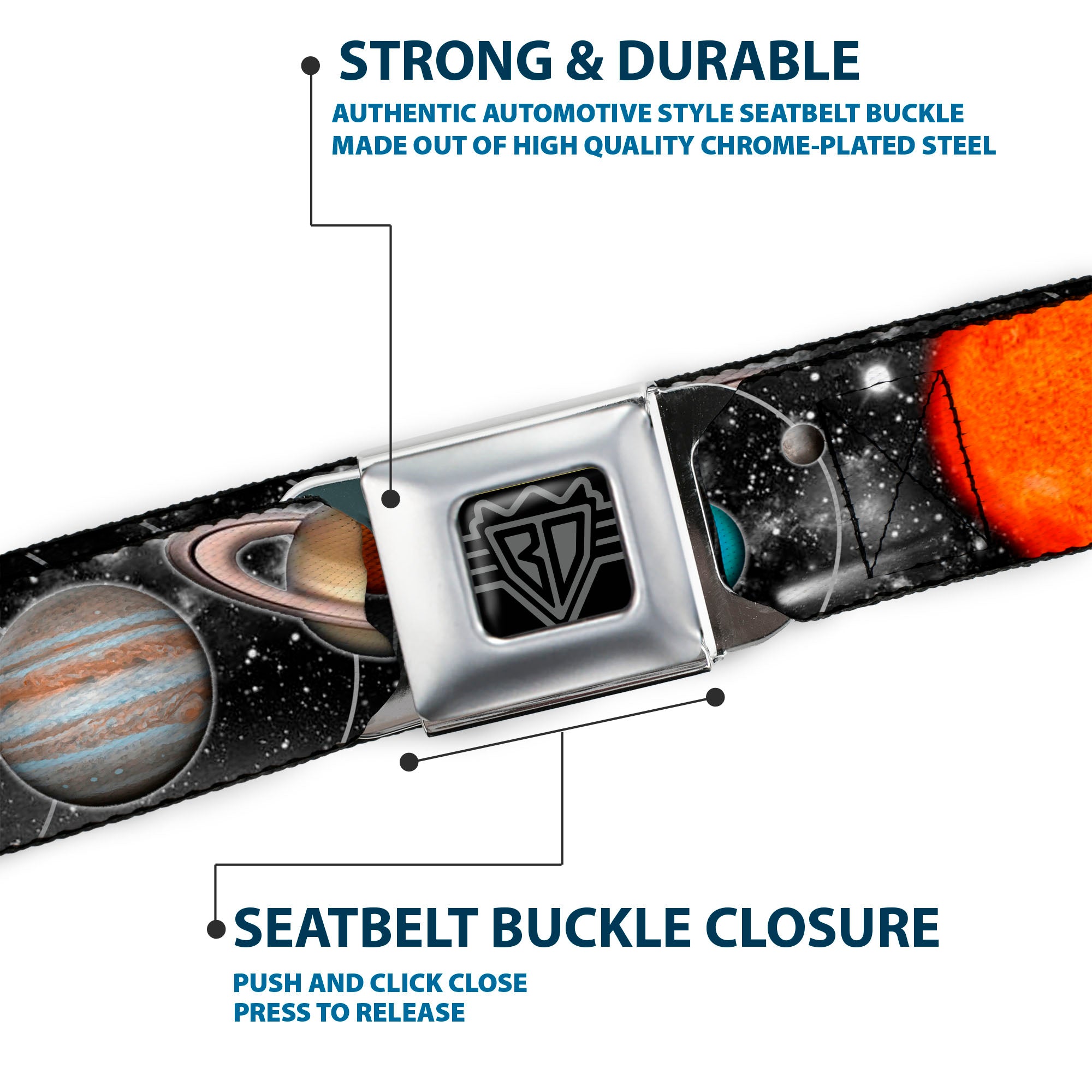 BD Wings Logo CLOSE-UP Full Color Black Silver Seatbelt Belt - Solar System Sun/Planets/Stars Webbing Seatbelt Belts Buckle-Down
