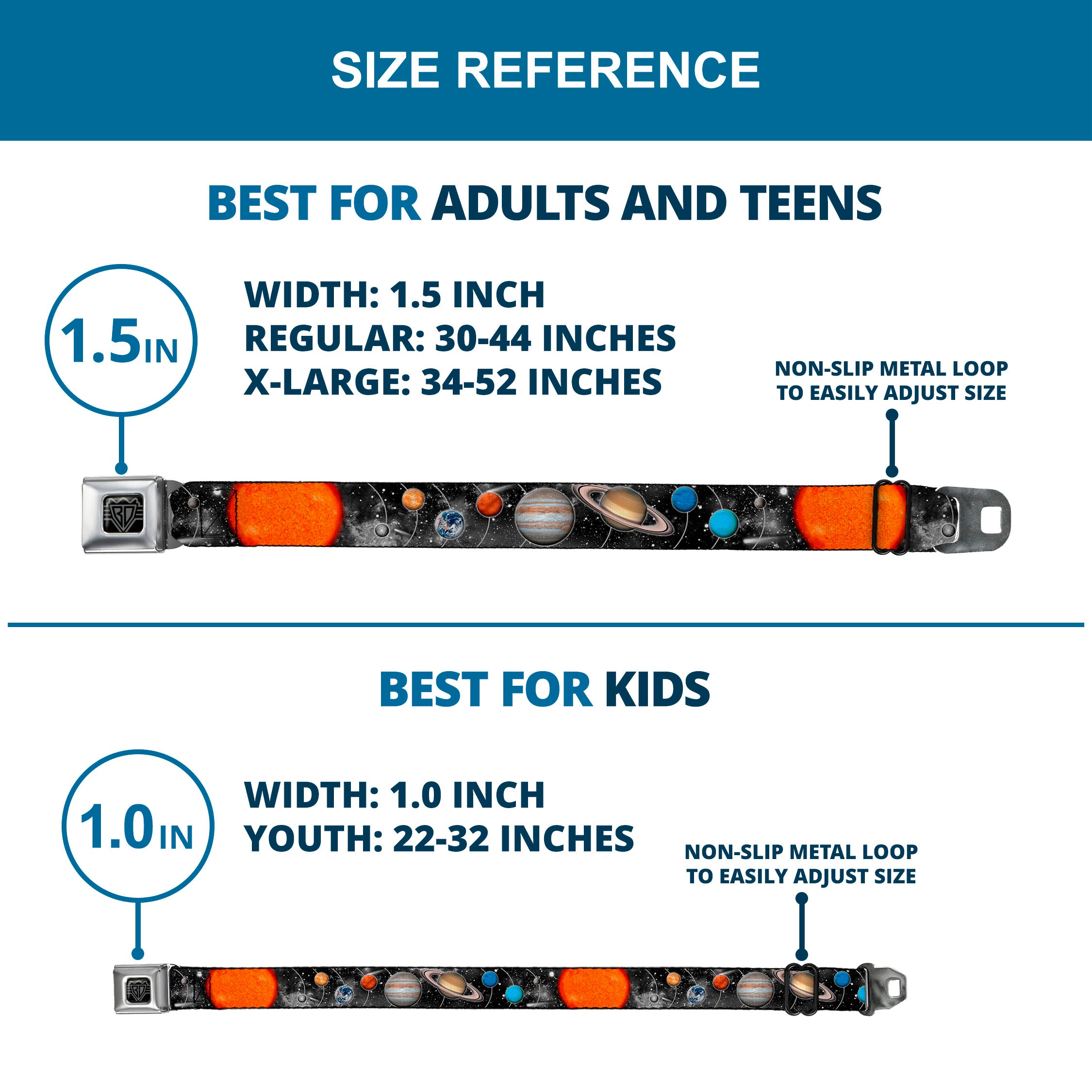 BD Wings Logo CLOSE-UP Full Color Black Silver Seatbelt Belt - Solar System Sun/Planets/Stars Webbing Seatbelt Belts Buckle-Down