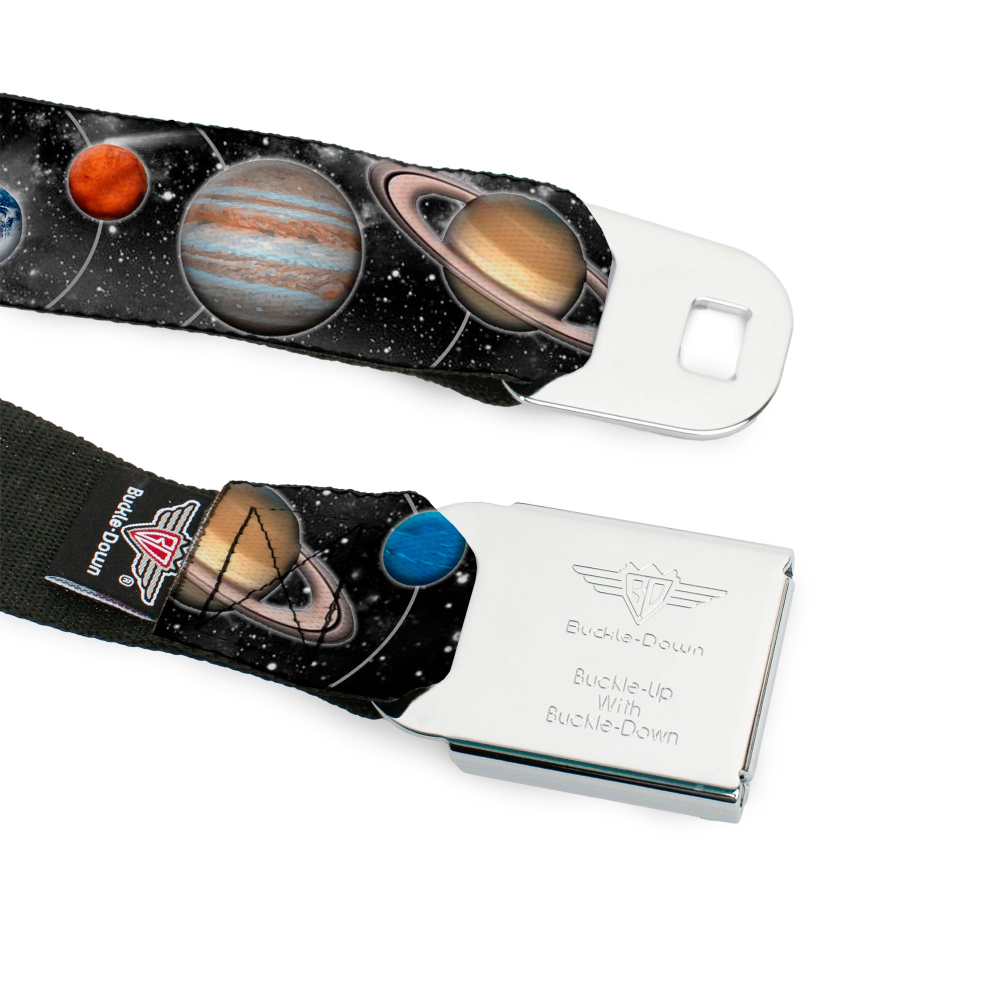BD Wings Logo CLOSE-UP Full Color Black Silver Seatbelt Belt - Solar System Sun/Planets/Stars Webbing Seatbelt Belts Buckle-Down