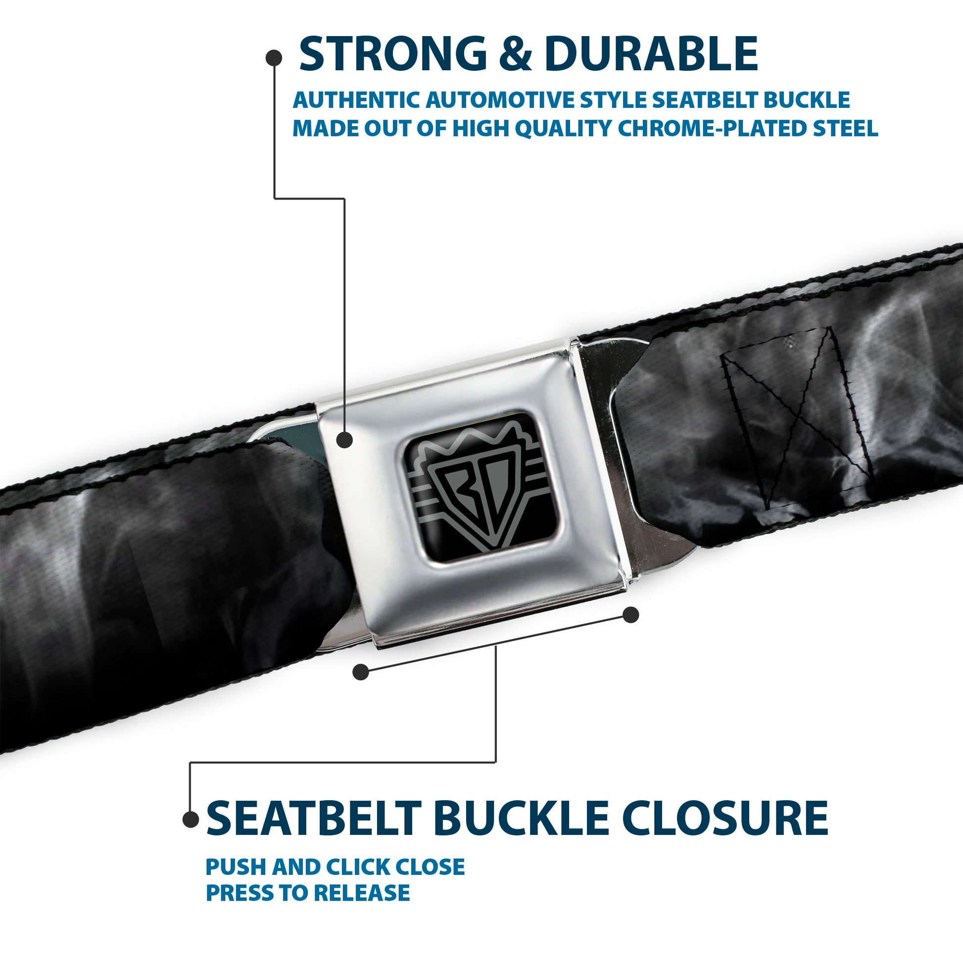 BD Wings Logo CLOSE-UP Full Color Black Silver Seatbelt Belt - Smoke Black/Grays Webbing Seatbelt Belts Buckle-Down