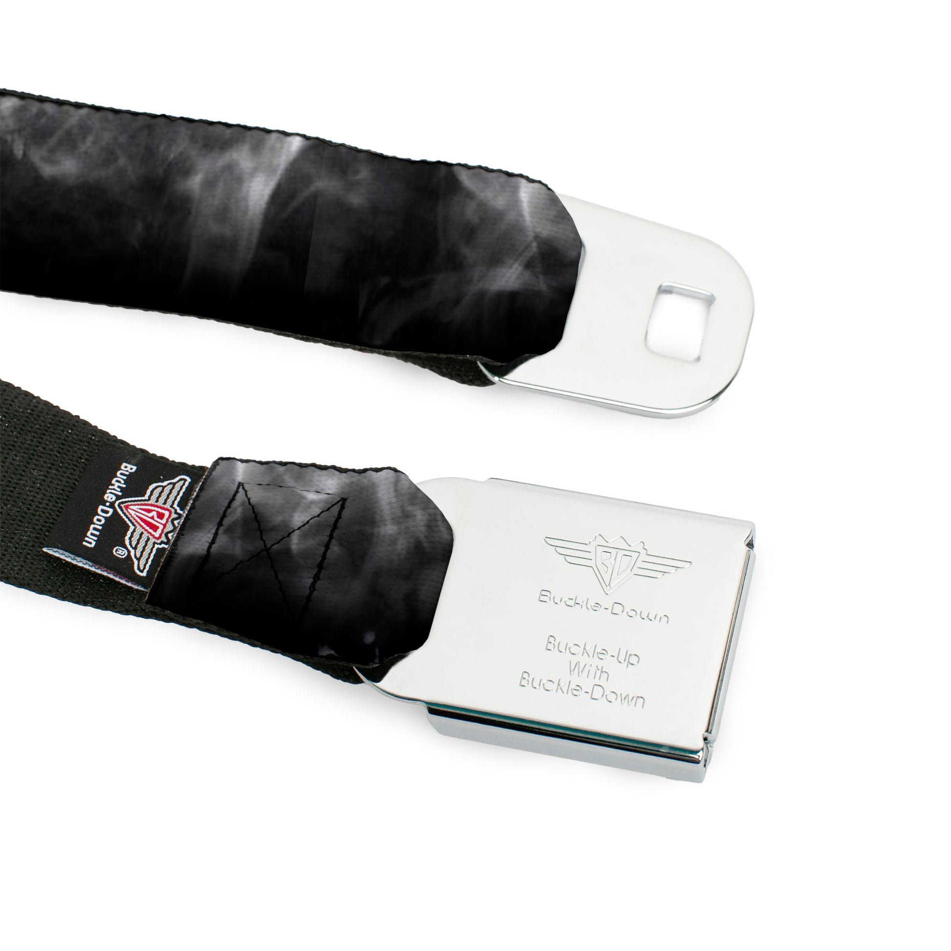 BD Wings Logo CLOSE-UP Full Color Black Silver Seatbelt Belt - Smoke Black/Grays Webbing Seatbelt Belts Buckle-Down