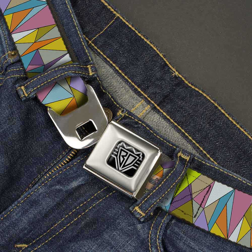 BD Wings Logo CLOSE-UP Full Color Black Silver Seatbelt Belt - Stained Glass Mosaic Multi Color Webbing Seatbelt Belts Buckle-Down