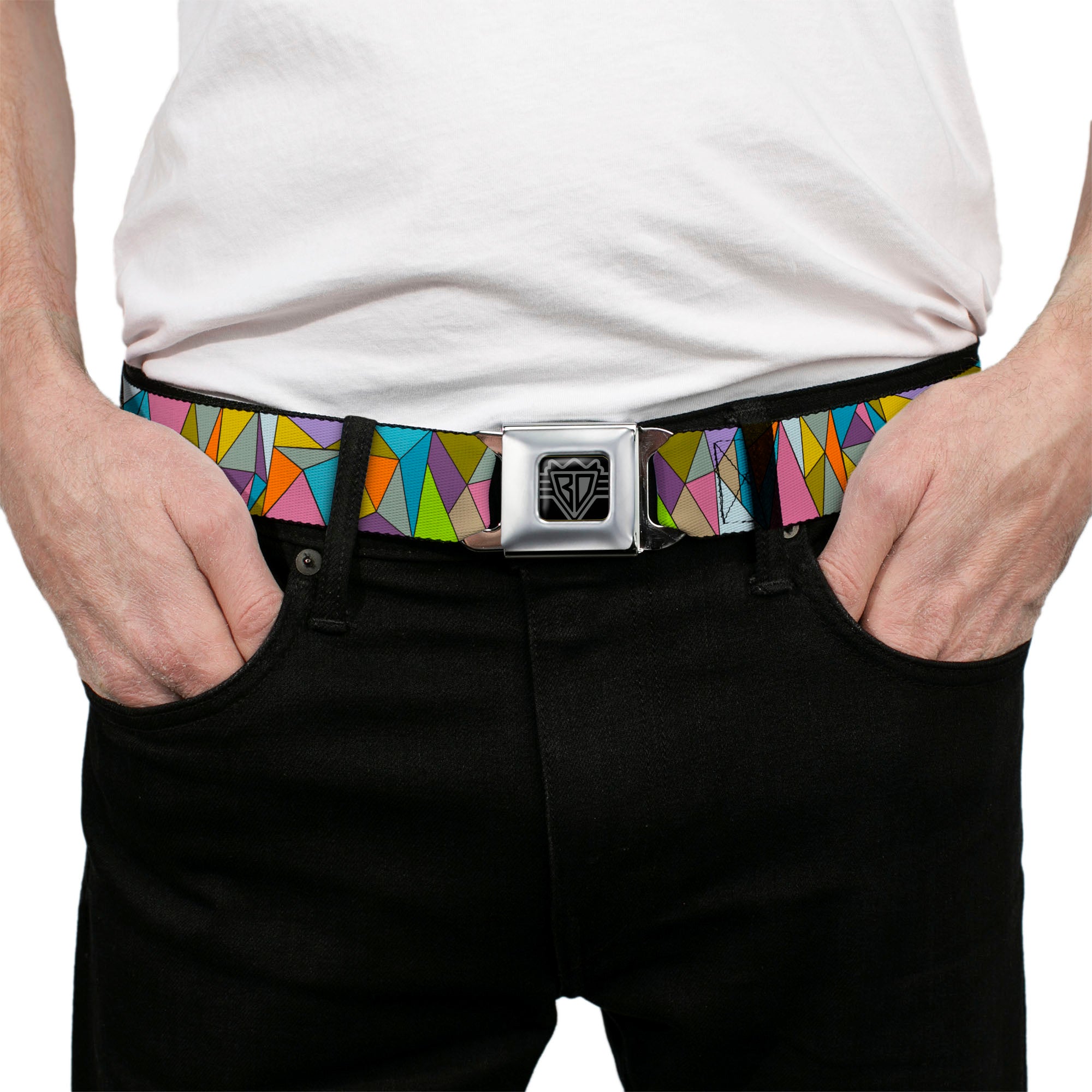 BD Wings Logo CLOSE-UP Full Color Black Silver Seatbelt Belt - Stained Glass Mosaic Multi Color Webbing Seatbelt Belts Buckle-Down