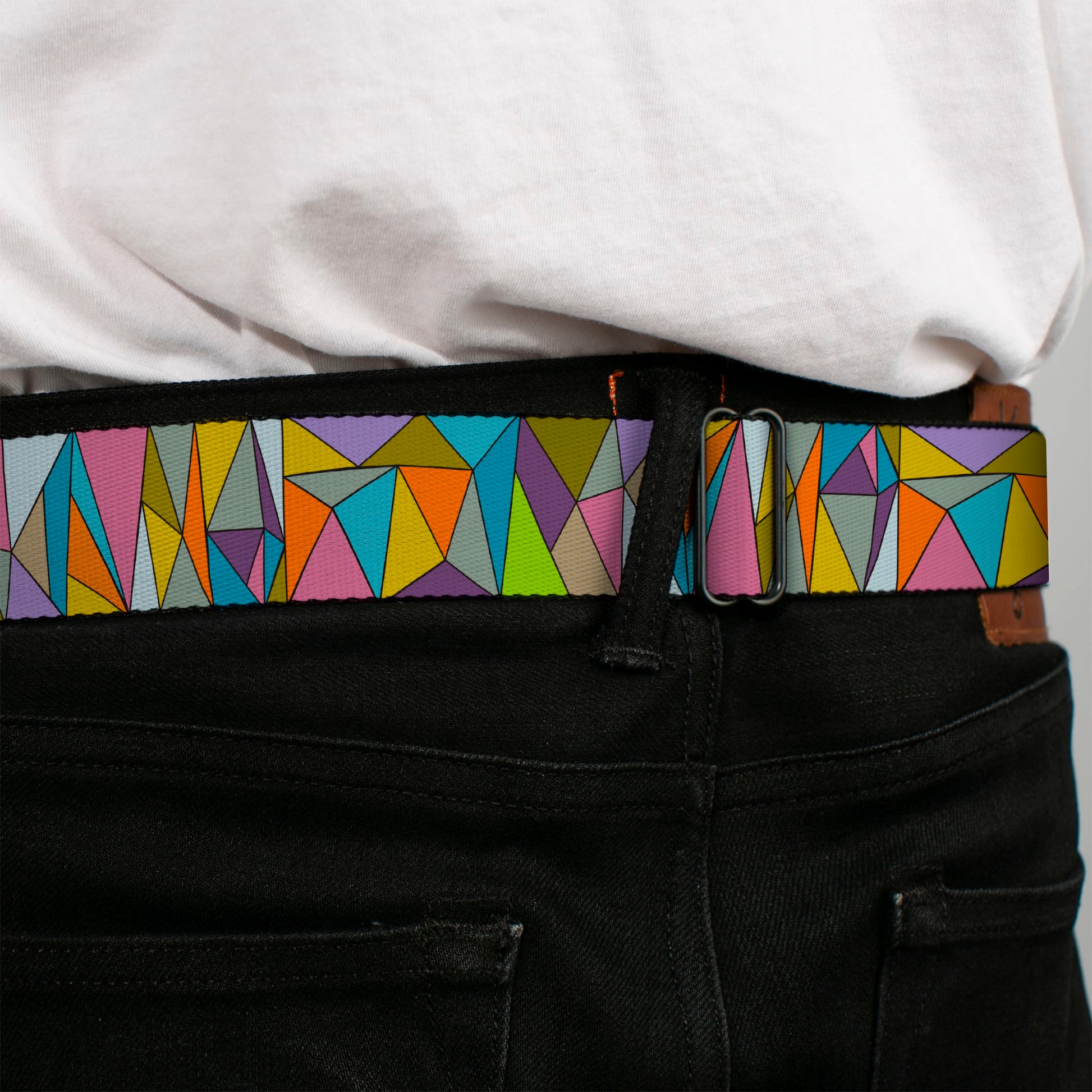 BD Wings Logo CLOSE-UP Full Color Black Silver Seatbelt Belt - Stained Glass Mosaic Multi Color Webbing Seatbelt Belts Buckle-Down