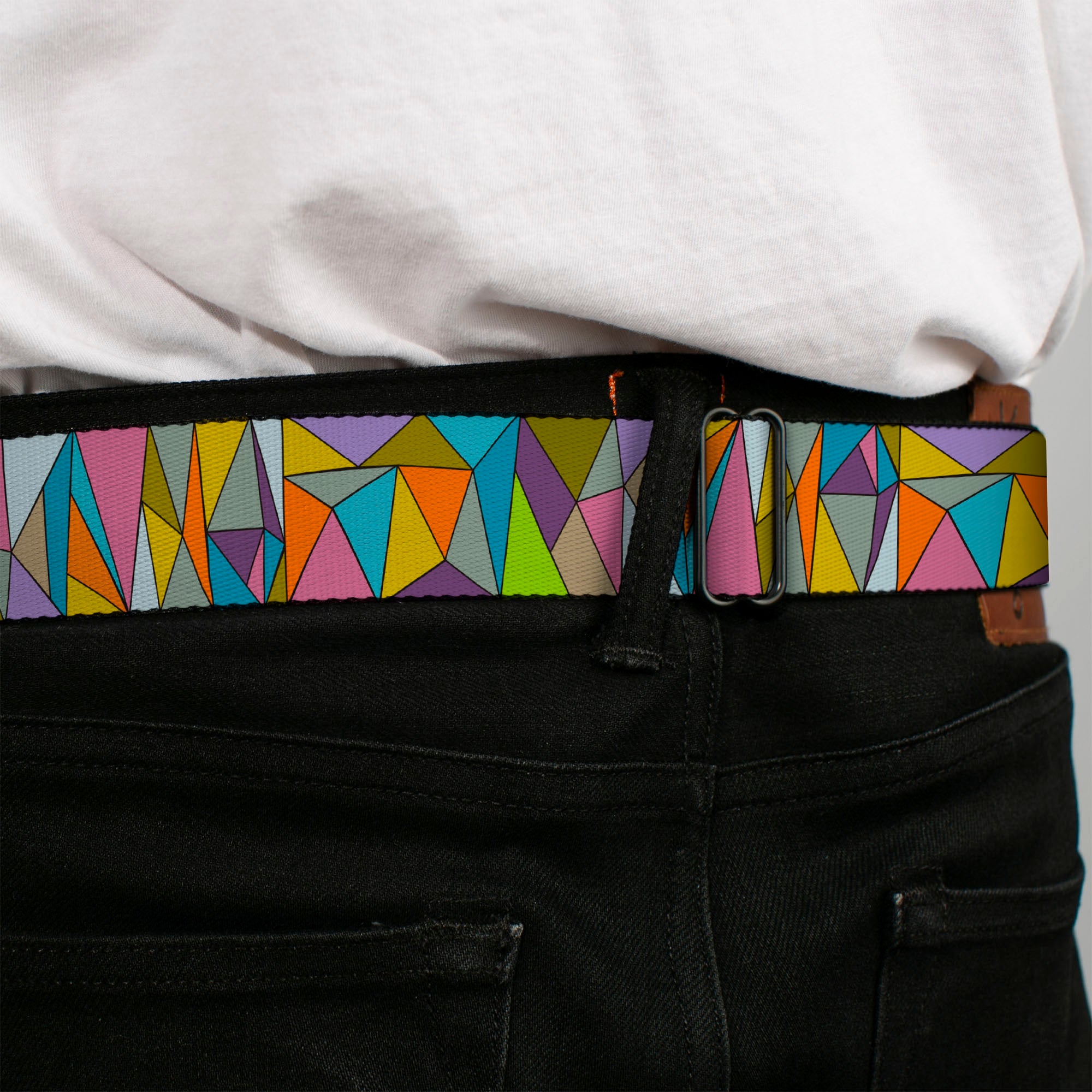 BD Wings Logo CLOSE-UP Full Color Black Silver Seatbelt Belt - Stained Glass Mosaic Multi Color Webbing Seatbelt Belts Buckle-Down