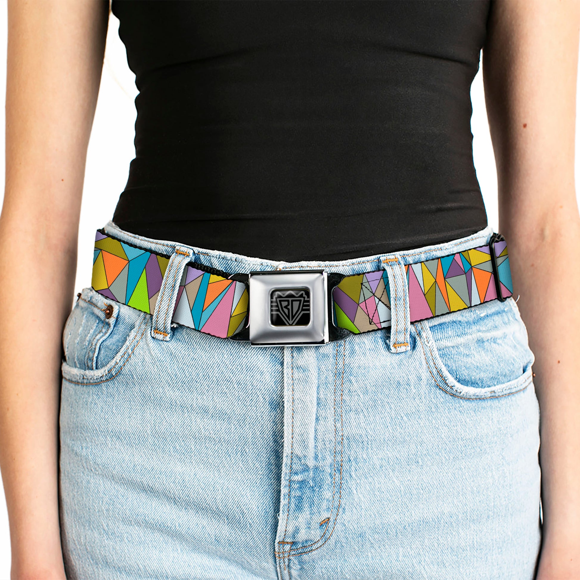 BD Wings Logo CLOSE-UP Full Color Black Silver Seatbelt Belt - Stained Glass Mosaic Multi Color Webbing Seatbelt Belts Buckle-Down