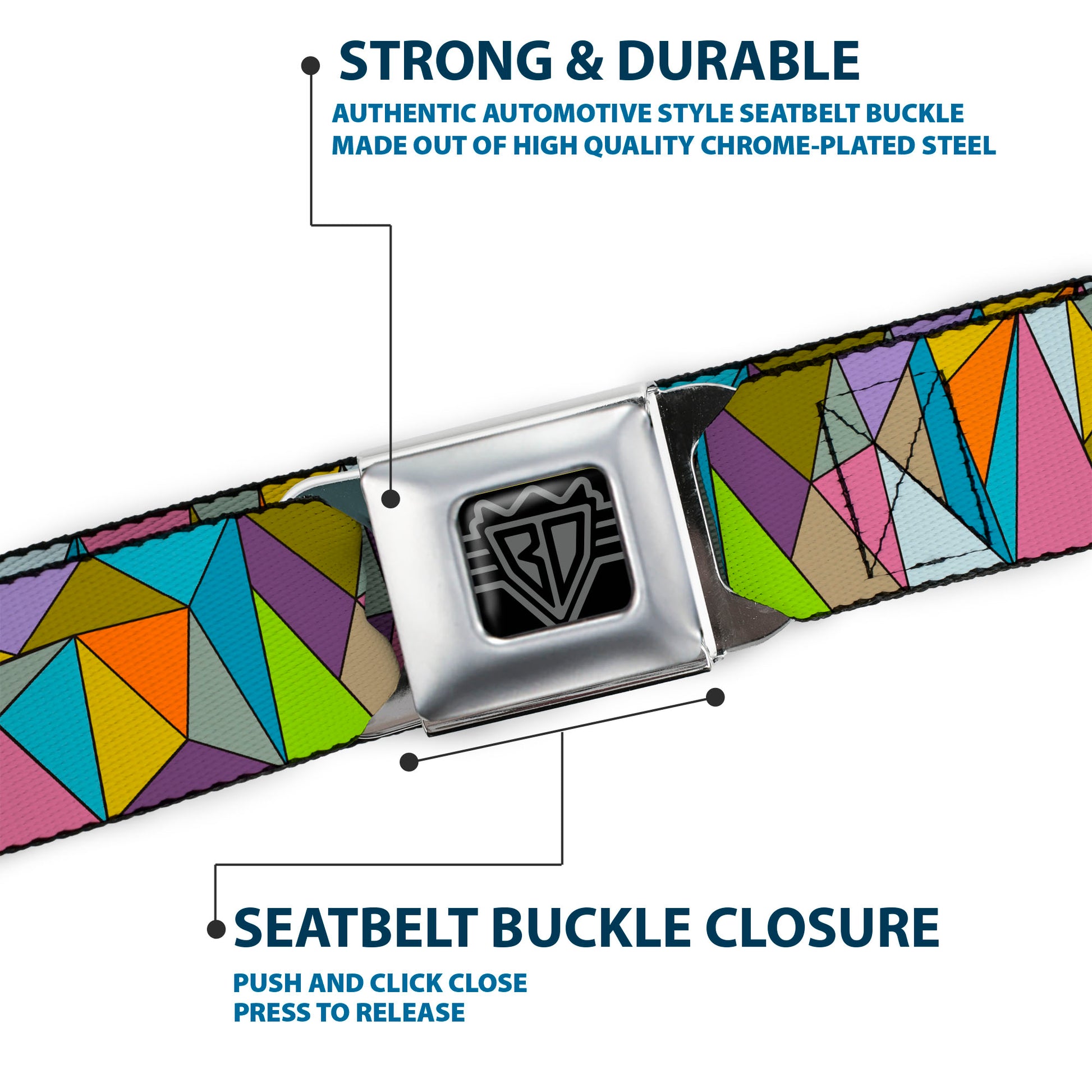 BD Wings Logo CLOSE-UP Full Color Black Silver Seatbelt Belt - Stained Glass Mosaic Multi Color Webbing Seatbelt Belts Buckle-Down