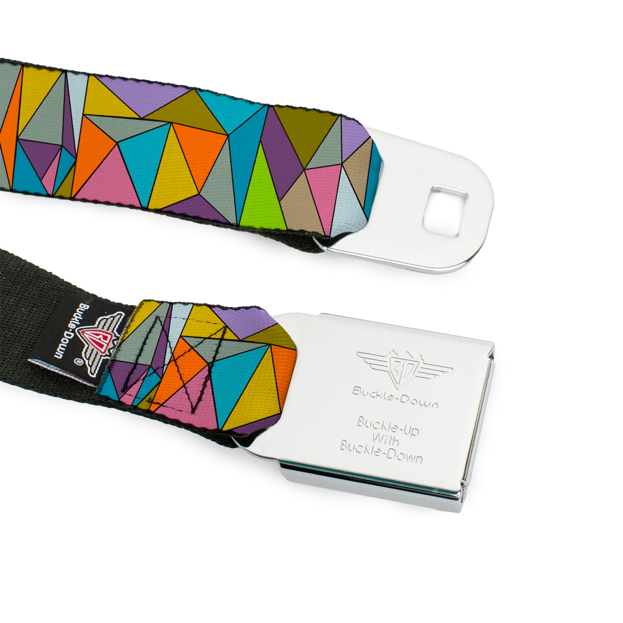 BD Wings Logo CLOSE-UP Full Color Black Silver Seatbelt Belt - Stained Glass Mosaic Multi Color Webbing Seatbelt Belts Buckle-Down