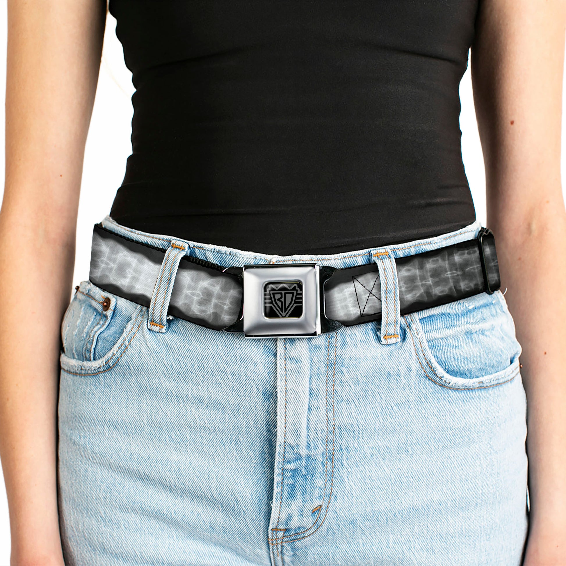 BD Wings Logo CLOSE-UP Full Color Black Silver Seatbelt Belt - Spinal X-Ray Black/White Webbing Seatbelt Belts Buckle-Down