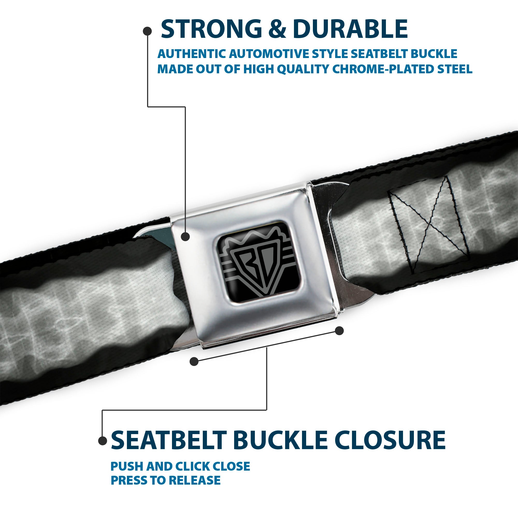 BD Wings Logo CLOSE-UP Full Color Black Silver Seatbelt Belt - Spinal X-Ray Black/White Webbing Seatbelt Belts Buckle-Down
