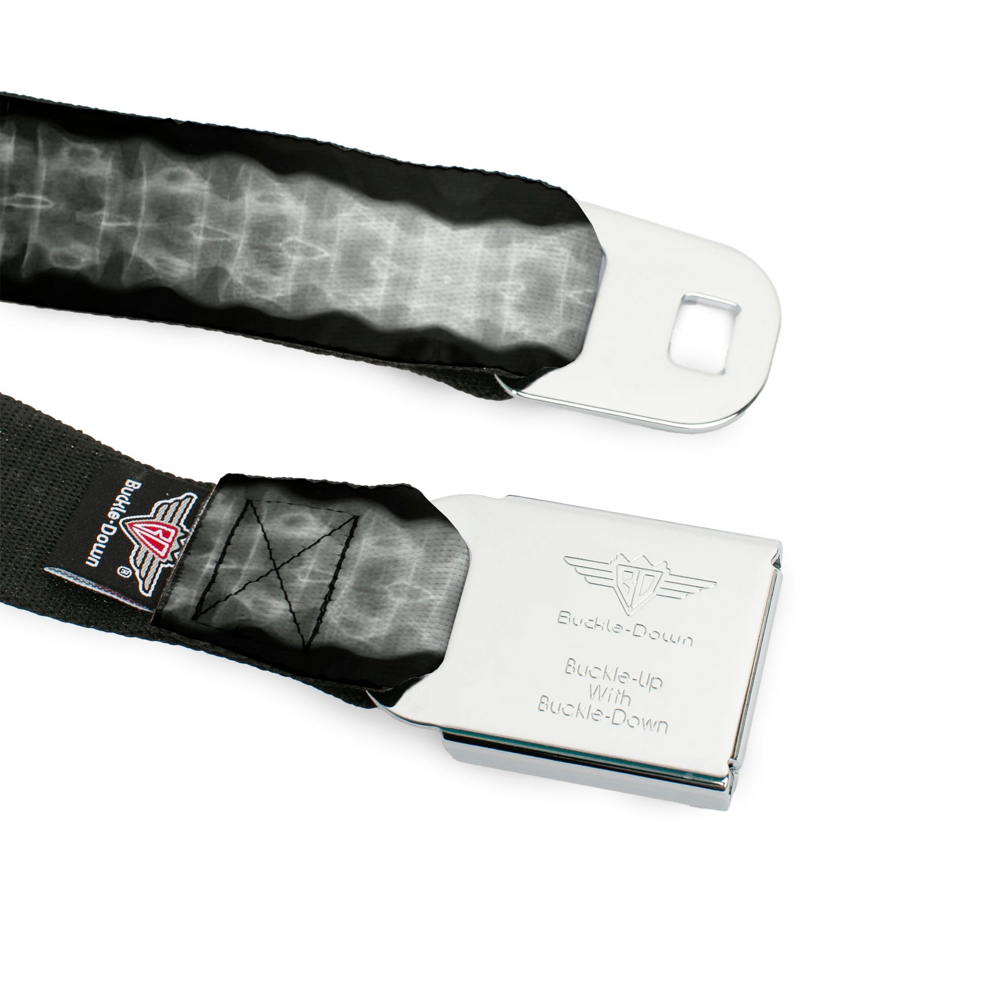 BD Wings Logo CLOSE-UP Full Color Black Silver Seatbelt Belt - Spinal X-Ray Black/White Webbing Seatbelt Belts Buckle-Down