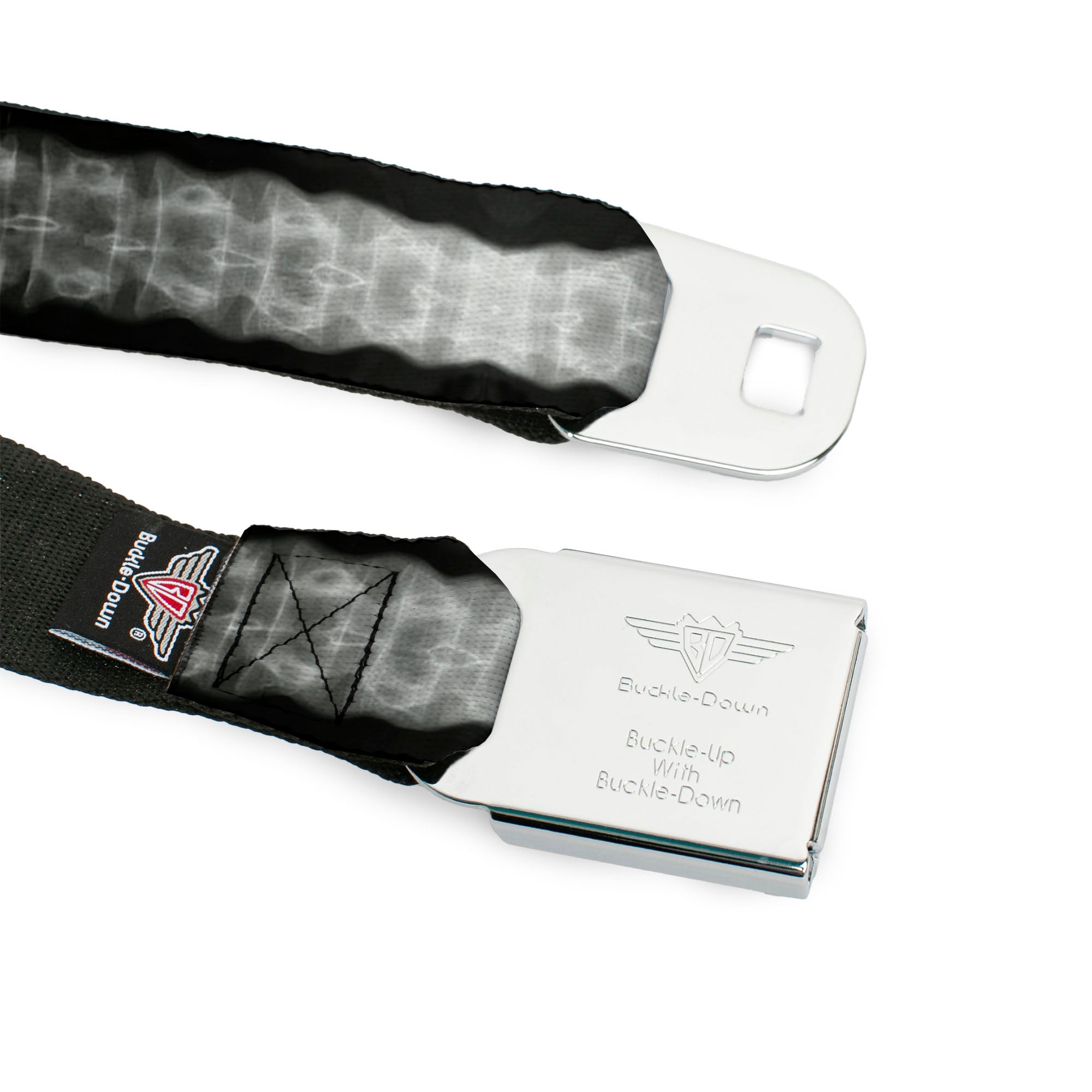 BD Wings Logo CLOSE-UP Full Color Black Silver Seatbelt Belt - Spinal X-Ray Black/White Webbing Seatbelt Belts Buckle-Down