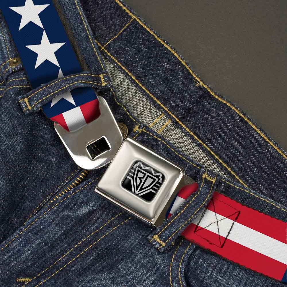 BD Wings Logo CLOSE-UP Full Color Black Silver Seatbelt Belt - Stars & Stripes Blue/White/Red/White Webbing Seatbelt Belts Buckle-Down