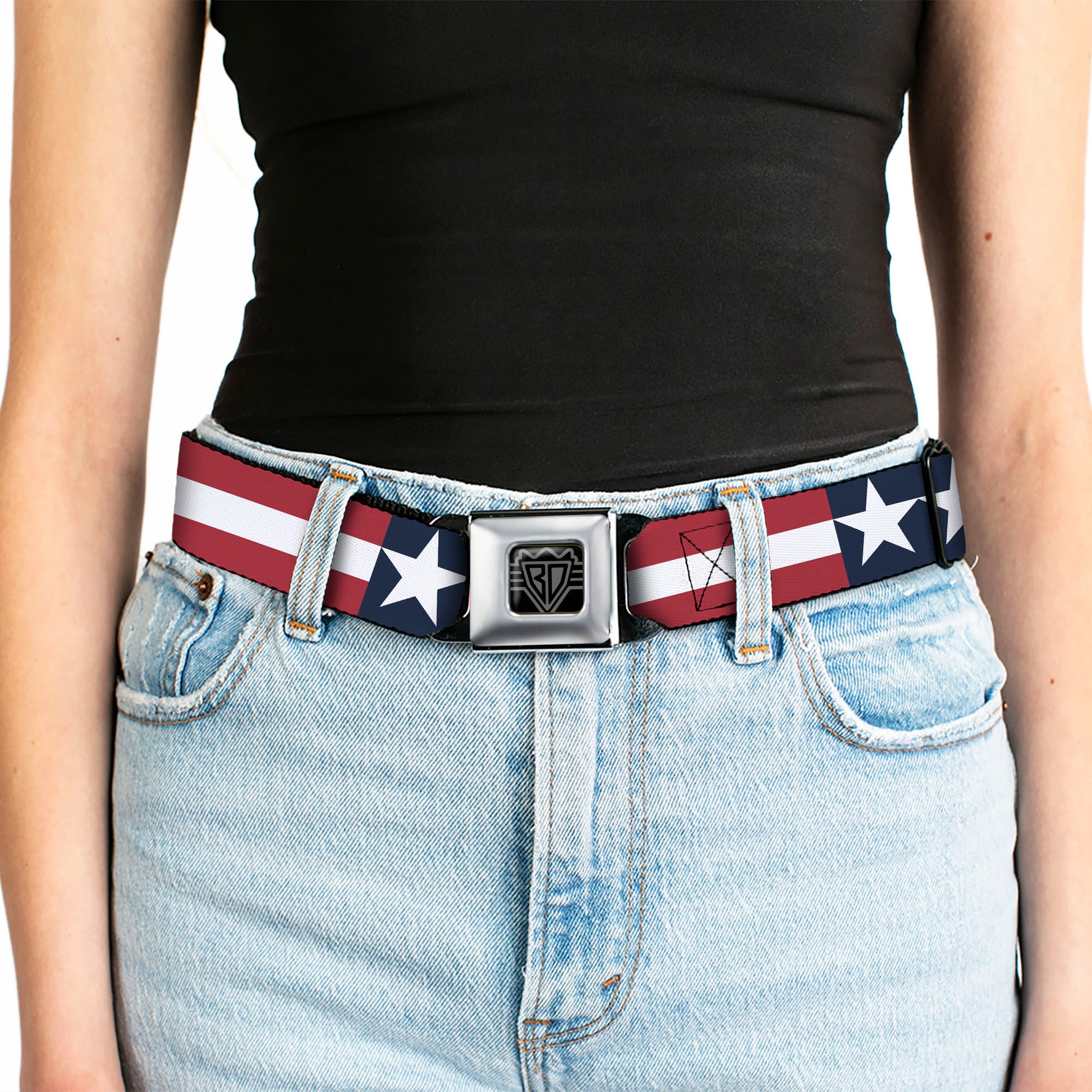 BD Wings Logo CLOSE-UP Full Color Black Silver Seatbelt Belt - Stars & Stripes Blue/White/Red/White Webbing Seatbelt Belts Buckle-Down