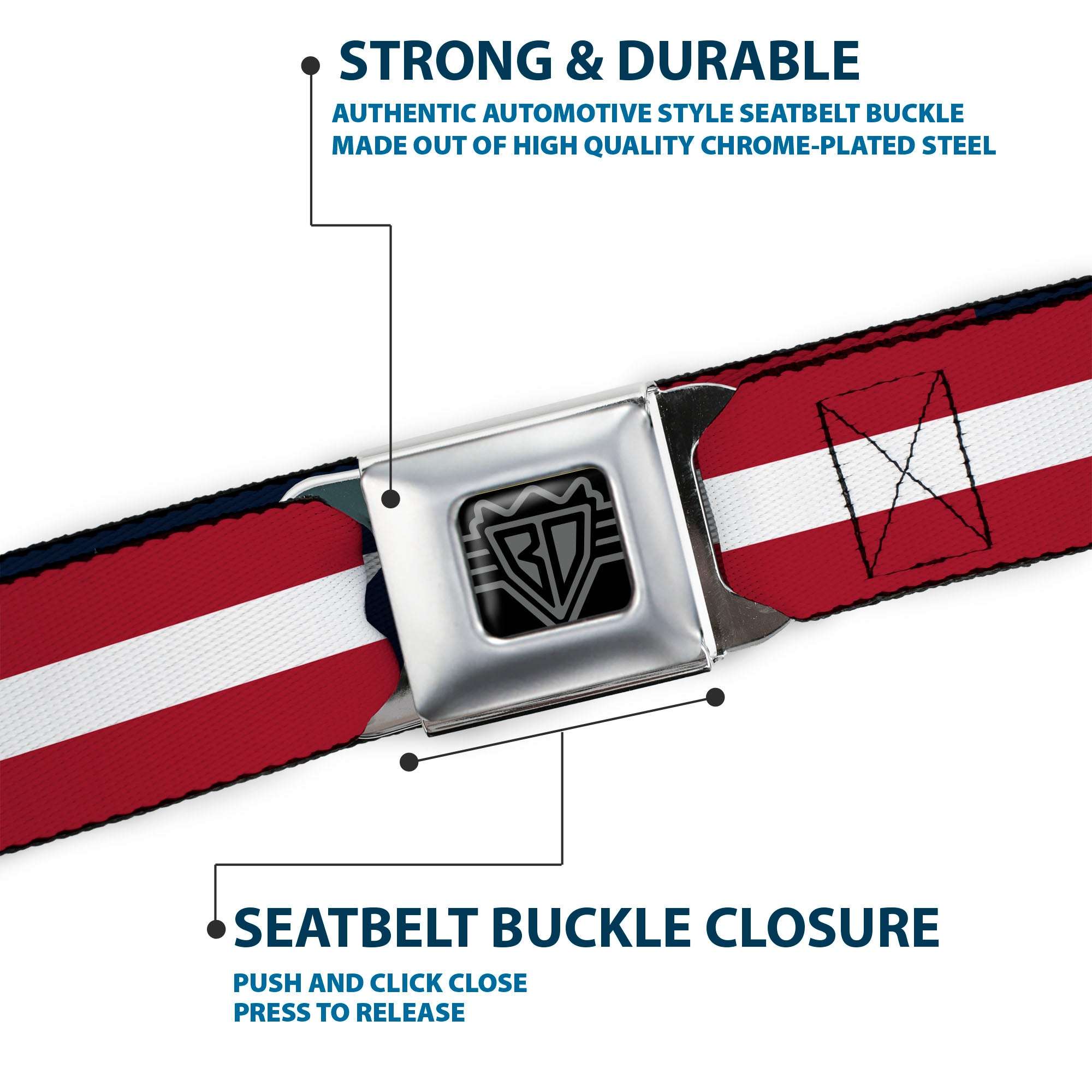 BD Wings Logo CLOSE-UP Full Color Black Silver Seatbelt Belt - Stars & Stripes Blue/White/Red/White Webbing Seatbelt Belts Buckle-Down