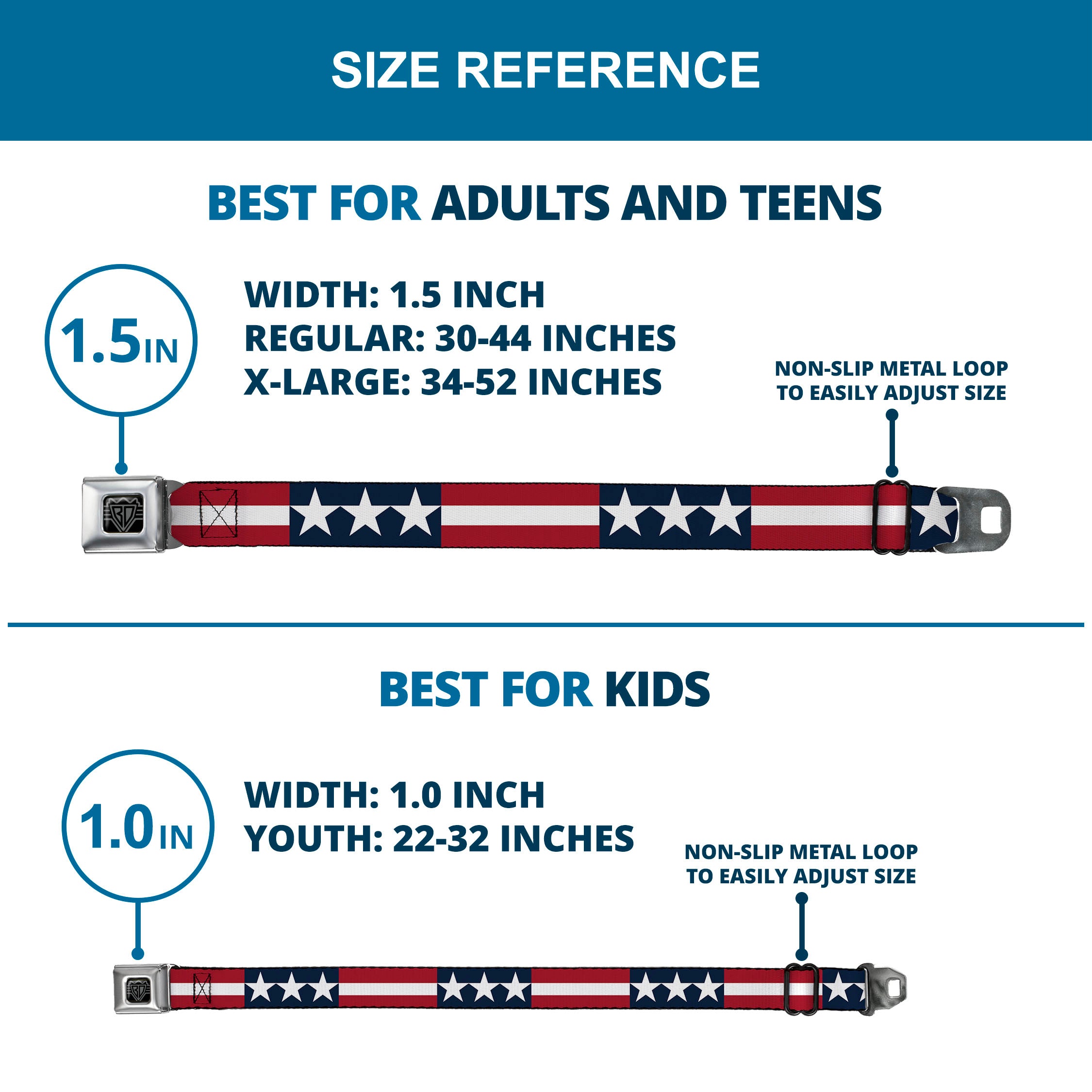 BD Wings Logo CLOSE-UP Full Color Black Silver Seatbelt Belt - Stars & Stripes Blue/White/Red/White Webbing Seatbelt Belts Buckle-Down