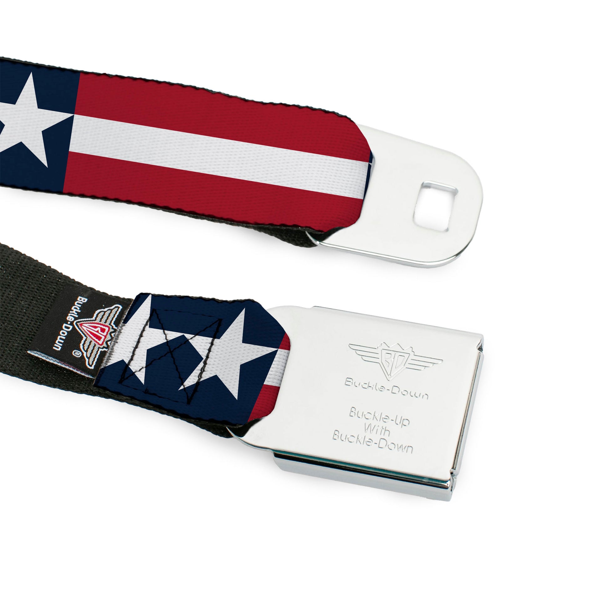 BD Wings Logo CLOSE-UP Full Color Black Silver Seatbelt Belt - Stars & Stripes Blue/White/Red/White Webbing Seatbelt Belts Buckle-Down