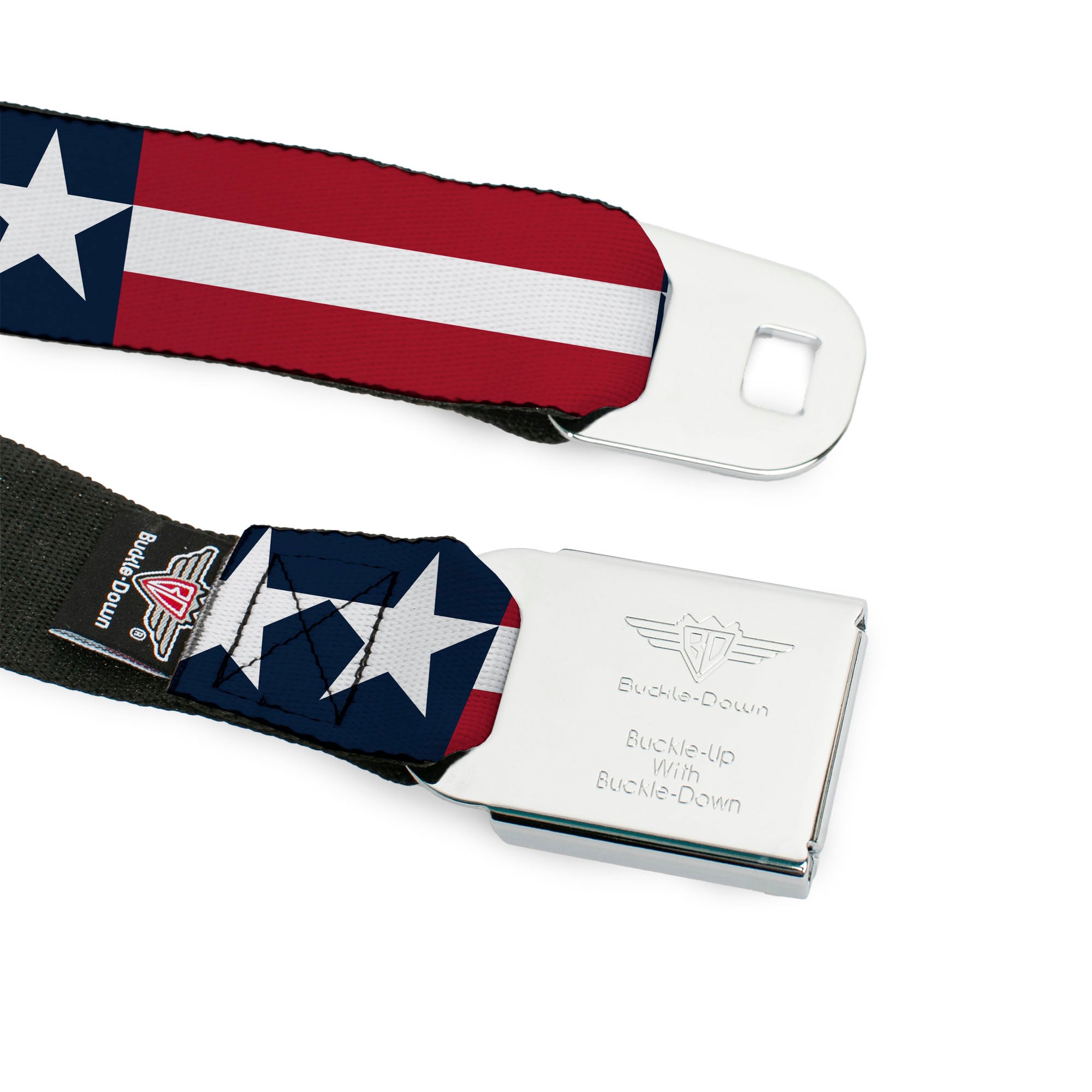 BD Wings Logo CLOSE-UP Full Color Black Silver Seatbelt Belt - Stars & Stripes Blue/White/Red/White Webbing Seatbelt Belts Buckle-Down