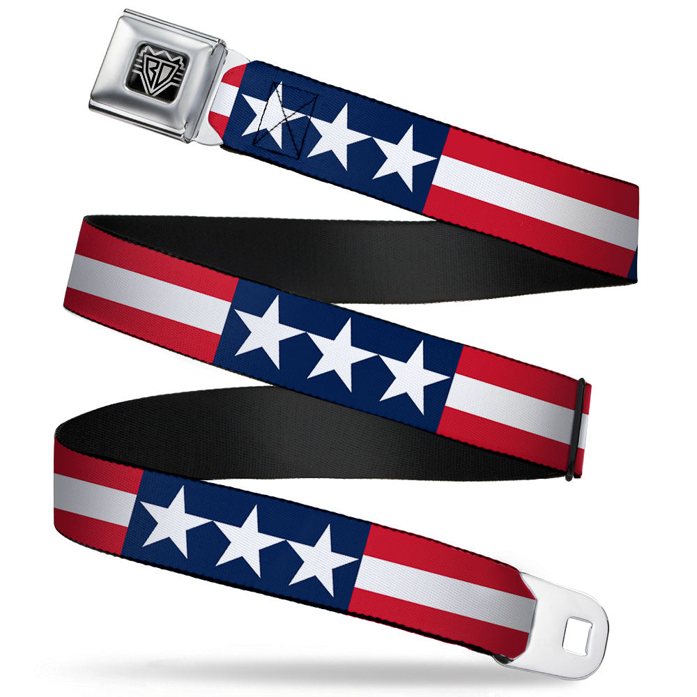 BD Wings Logo CLOSE-UP Full Color Black Silver Seatbelt Belt - Stars & Stripes Blue/White/Red/White Webbing Seatbelt Belts Buckle-Down