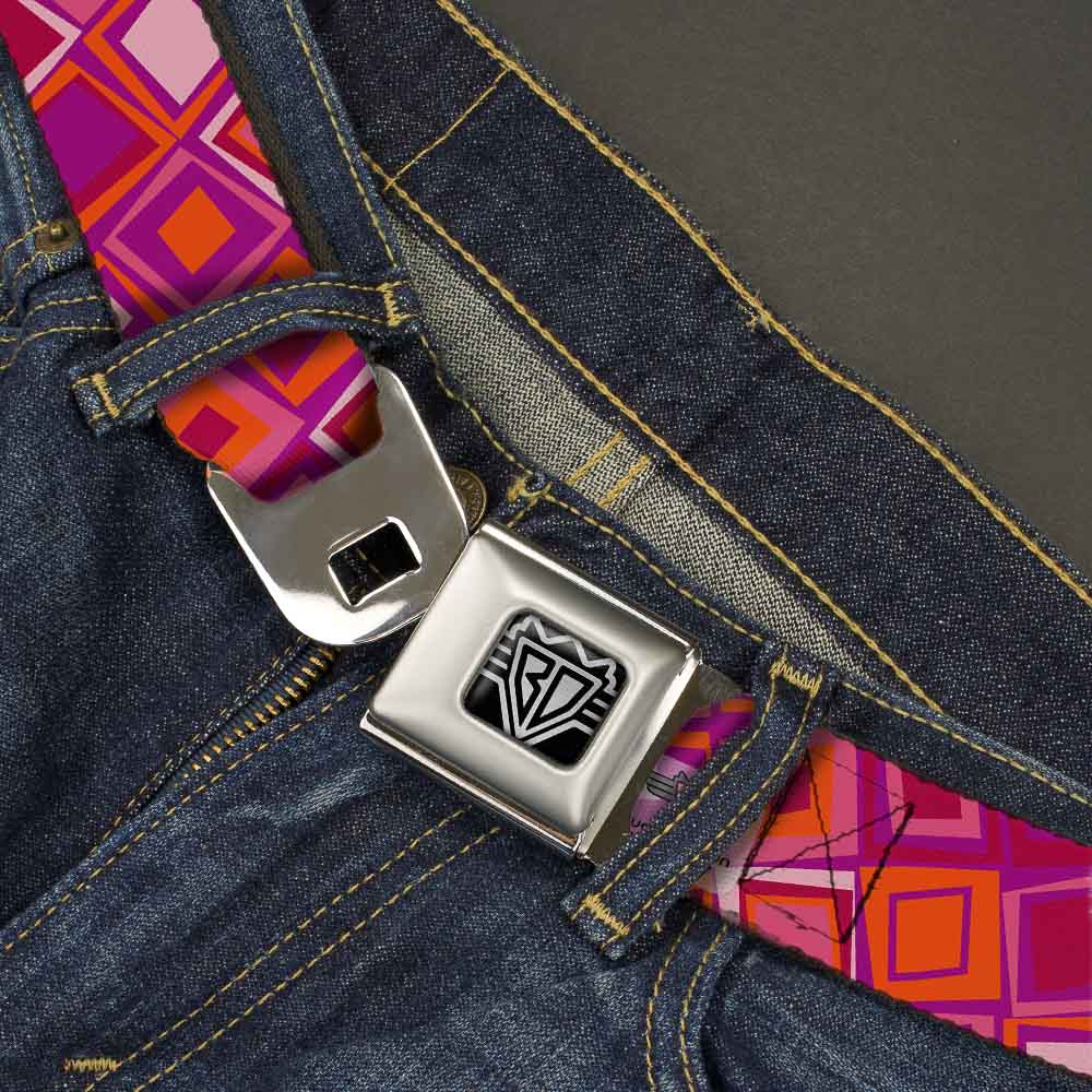 BD Wings Logo CLOSE-UP Full Color Black Silver Seatbelt Belt - Skewed Squares Stacked Purple/Orange/Pinks Webbing Seatbelt Belts Buckle-Down