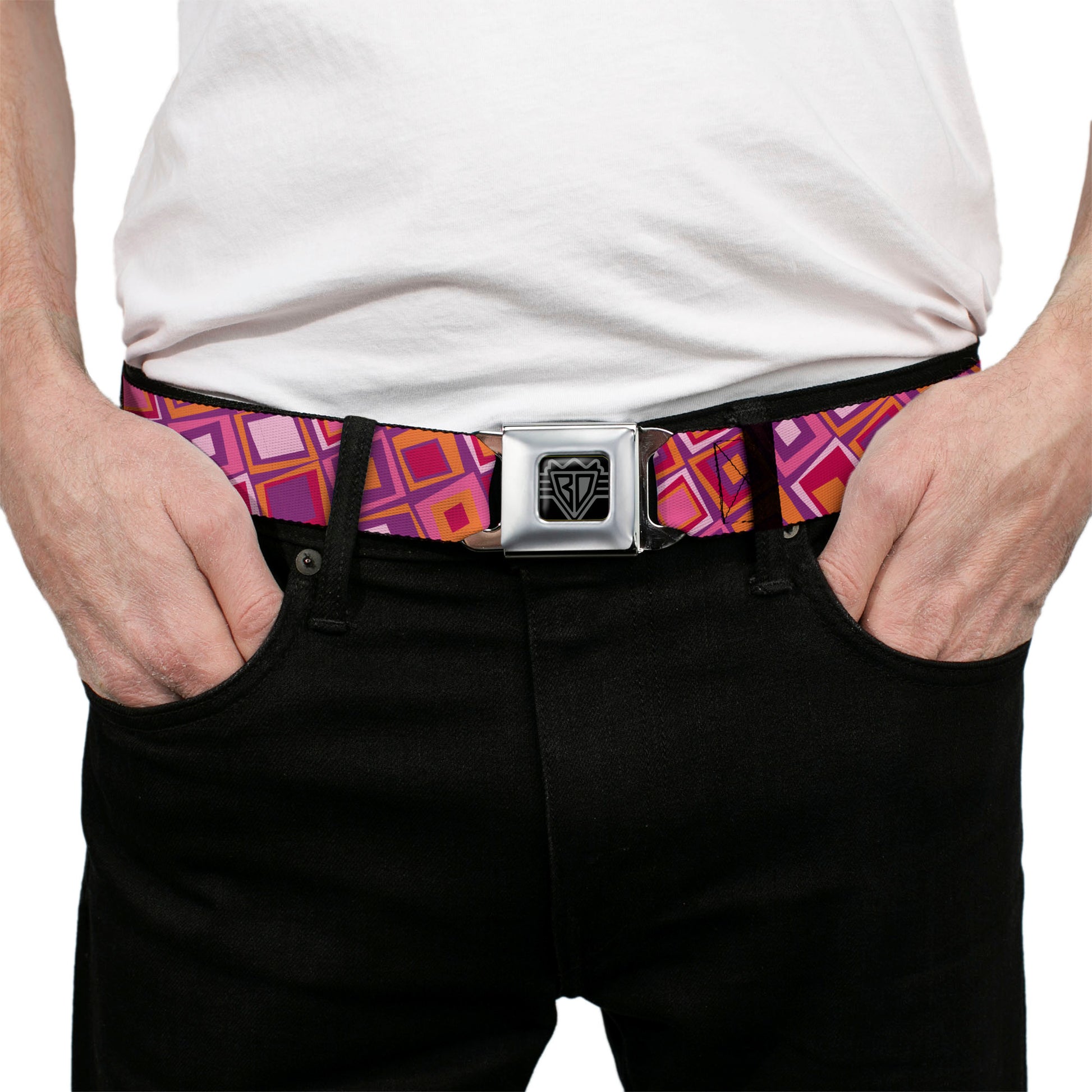 BD Wings Logo CLOSE-UP Full Color Black Silver Seatbelt Belt - Skewed Squares Stacked Purple/Orange/Pinks Webbing Seatbelt Belts Buckle-Down