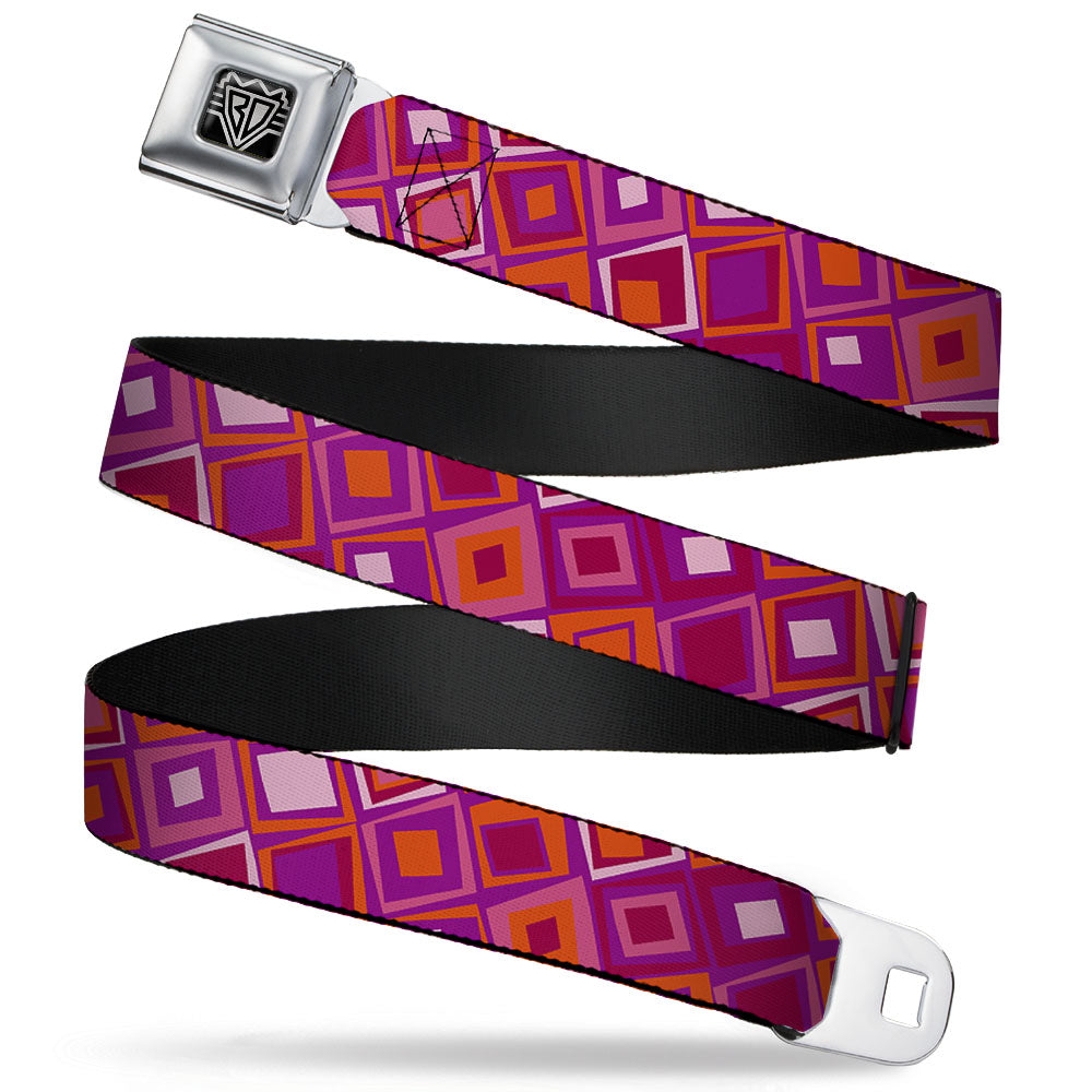 BD Wings Logo CLOSE-UP Full Color Black Silver Seatbelt Belt - Skewed Squares Stacked Purple/Orange/Pinks Webbing Seatbelt Belts Buckle-Down