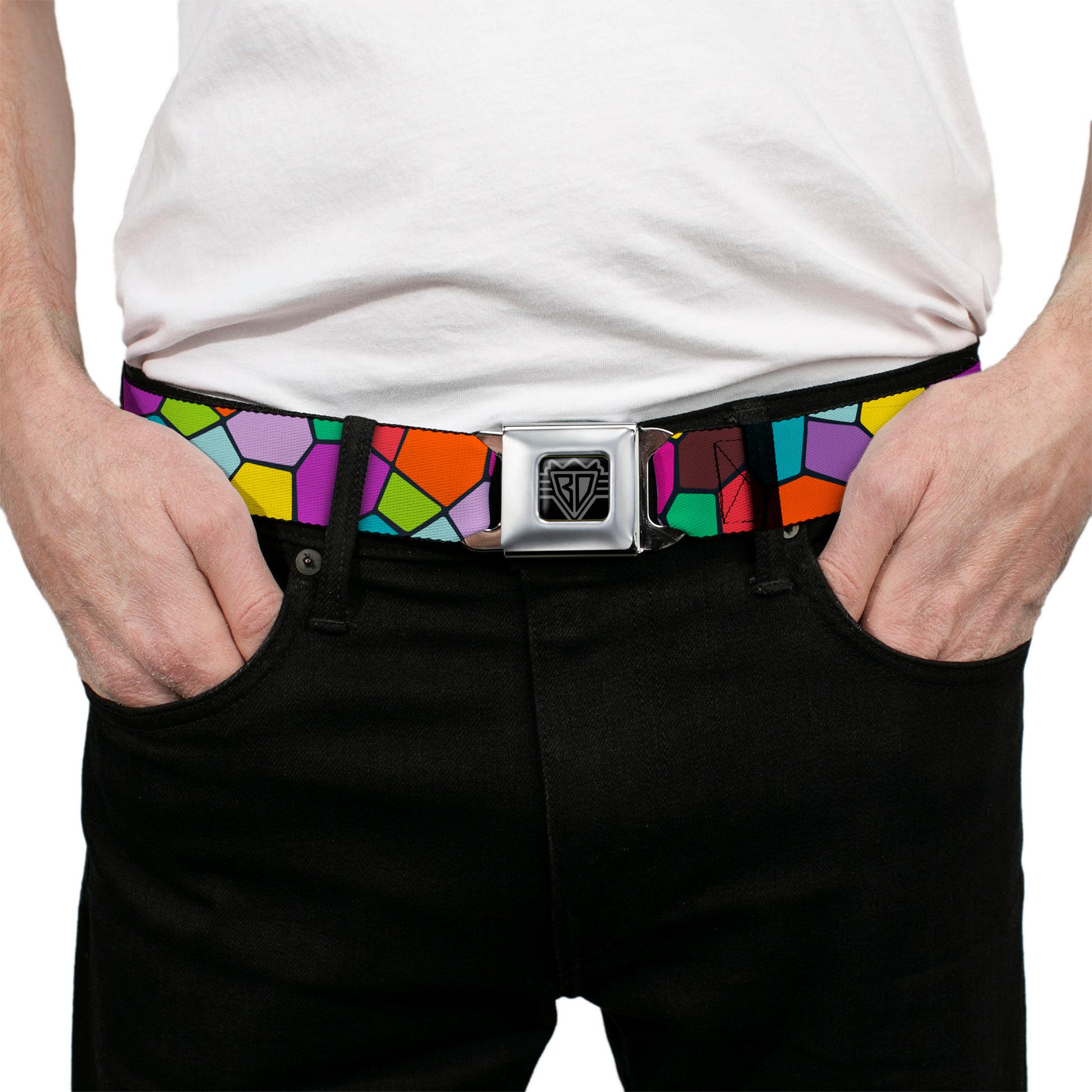 BD Wings Logo CLOSE-UP Full Color Black Silver Seatbelt Belt - Stained Glass Mosaic2 Multi Color/Navy Webbing Seatbelt Belts Buckle-Down