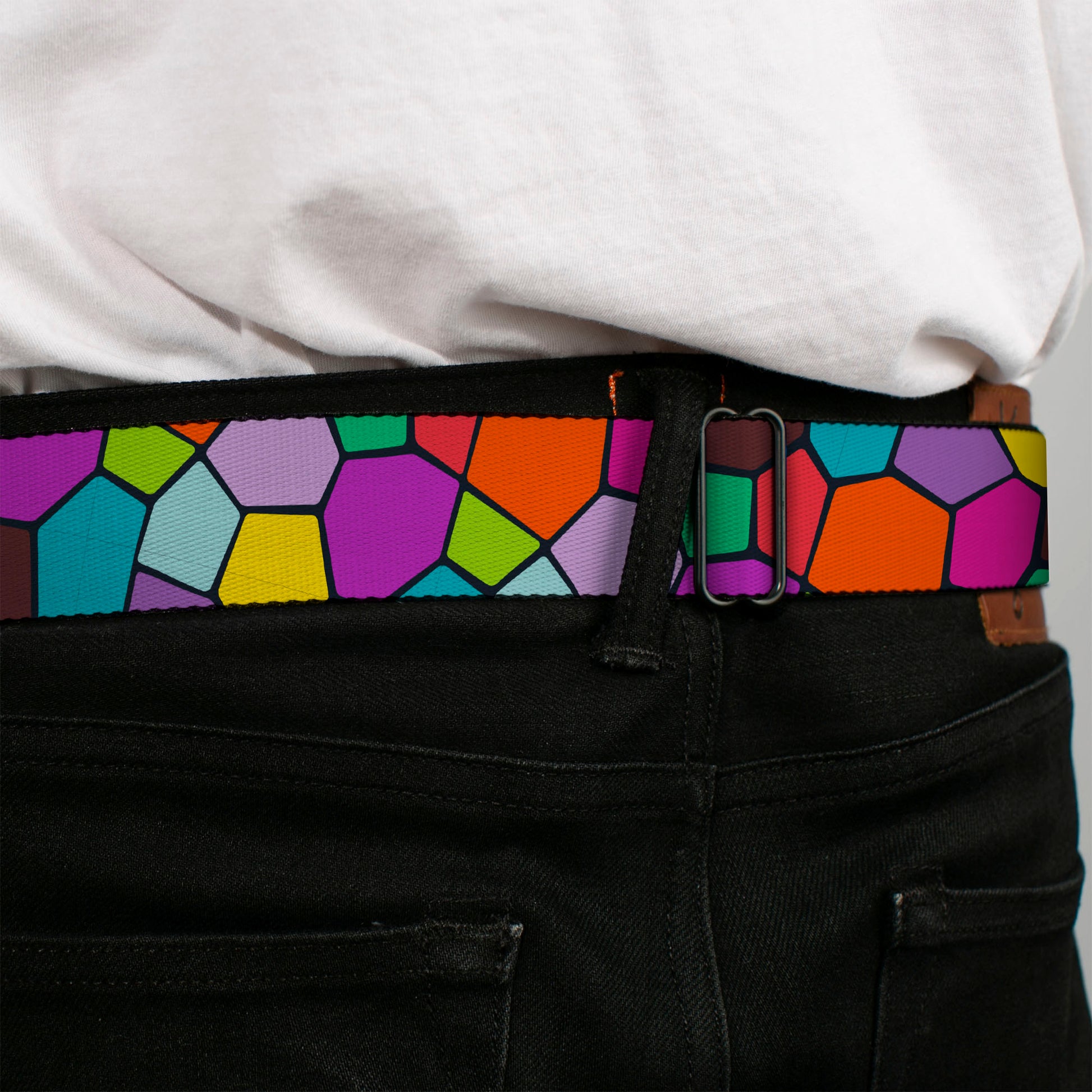 BD Wings Logo CLOSE-UP Full Color Black Silver Seatbelt Belt - Stained Glass Mosaic2 Multi Color/Navy Webbing Seatbelt Belts Buckle-Down