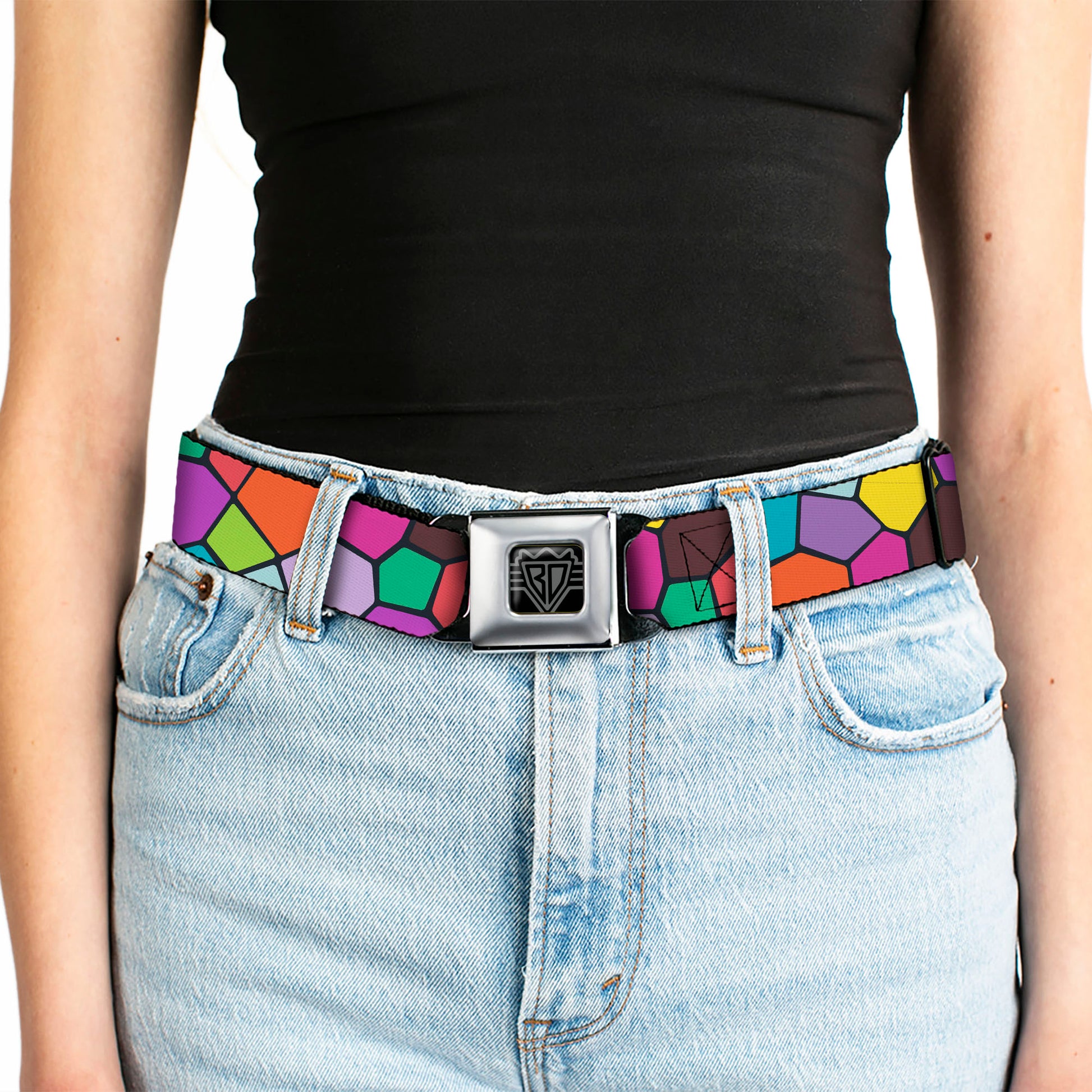 BD Wings Logo CLOSE-UP Full Color Black Silver Seatbelt Belt - Stained Glass Mosaic2 Multi Color/Navy Webbing Seatbelt Belts Buckle-Down