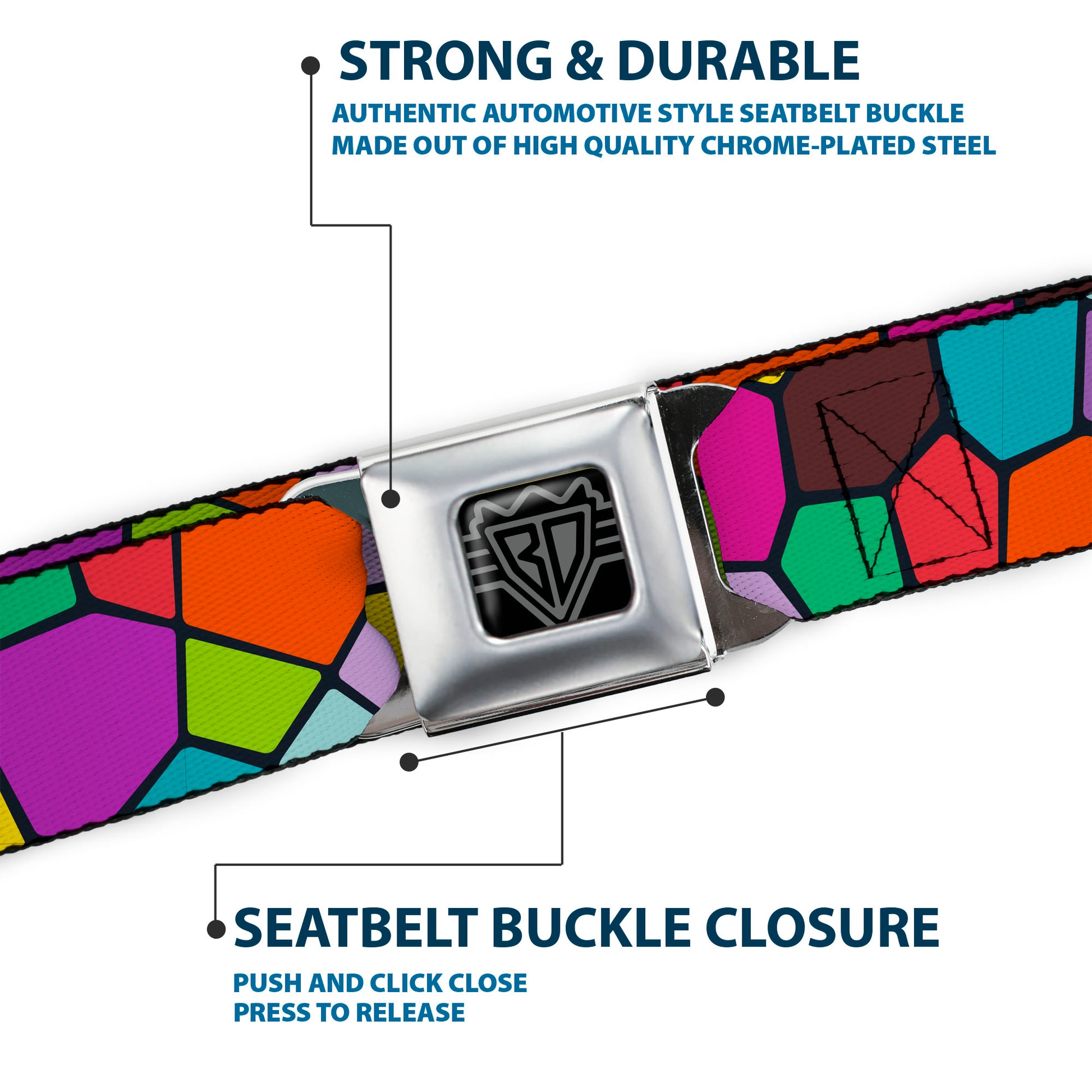 BD Wings Logo CLOSE-UP Full Color Black Silver Seatbelt Belt - Stained Glass Mosaic2 Multi Color/Navy Webbing Seatbelt Belts Buckle-Down