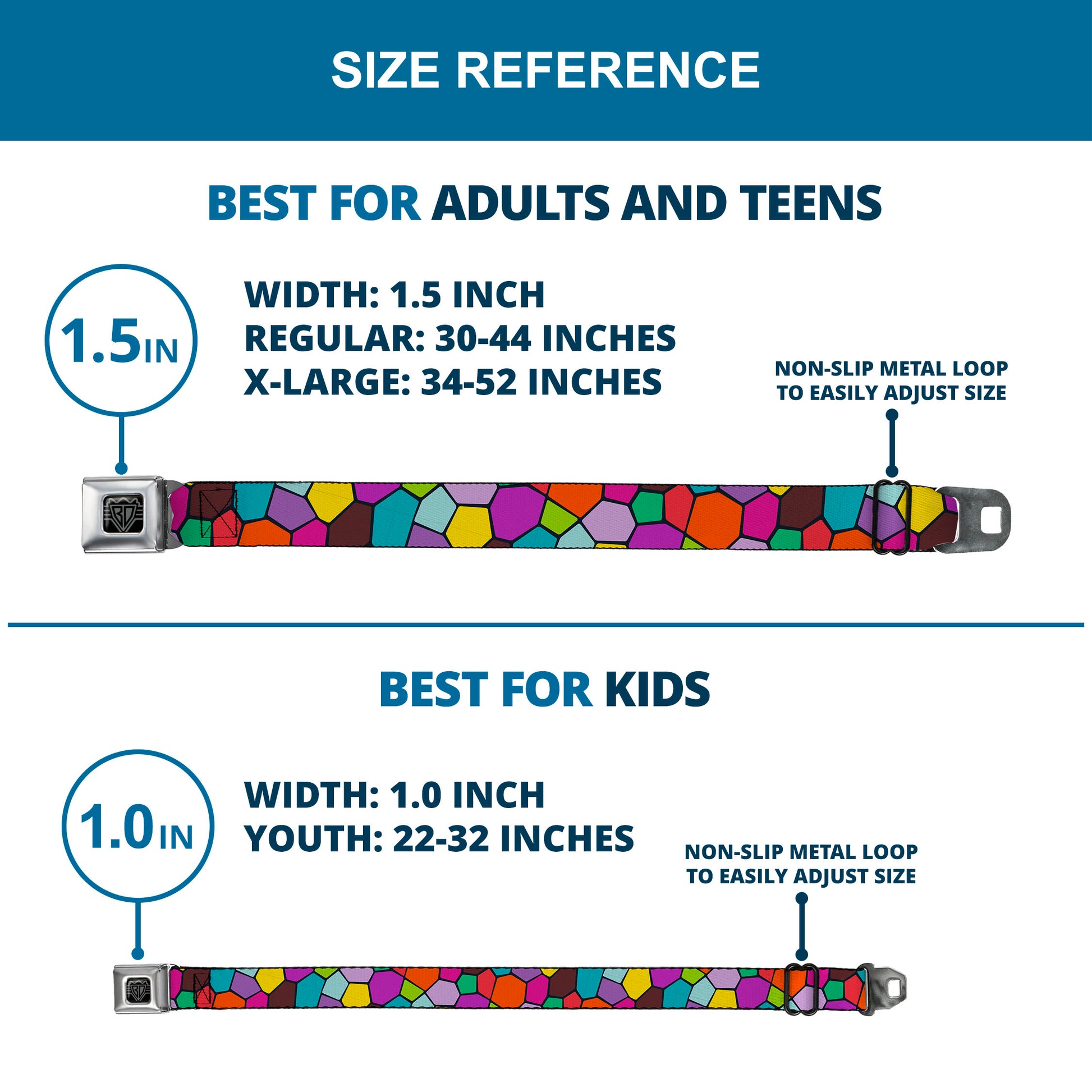 BD Wings Logo CLOSE-UP Full Color Black Silver Seatbelt Belt - Stained Glass Mosaic2 Multi Color/Navy Webbing Seatbelt Belts Buckle-Down