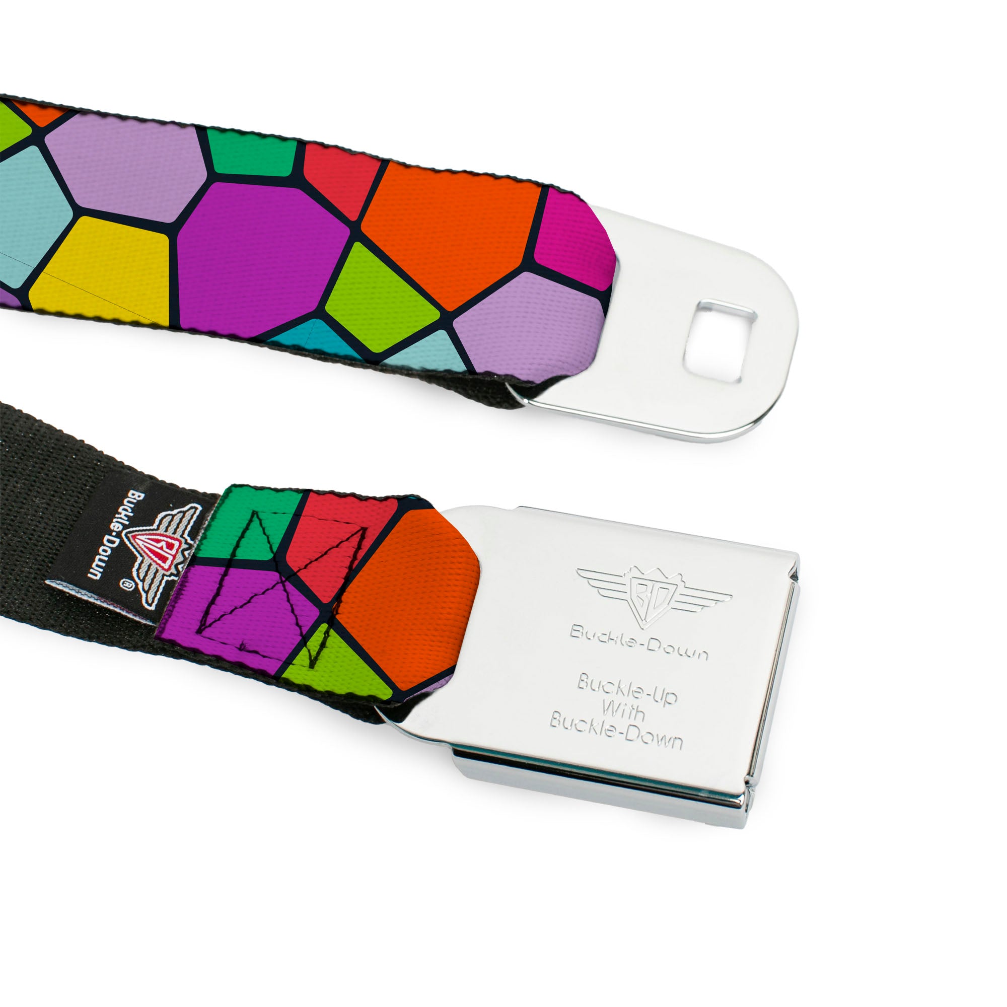 BD Wings Logo CLOSE-UP Full Color Black Silver Seatbelt Belt - Stained Glass Mosaic2 Multi Color/Navy Webbing Seatbelt Belts Buckle-Down