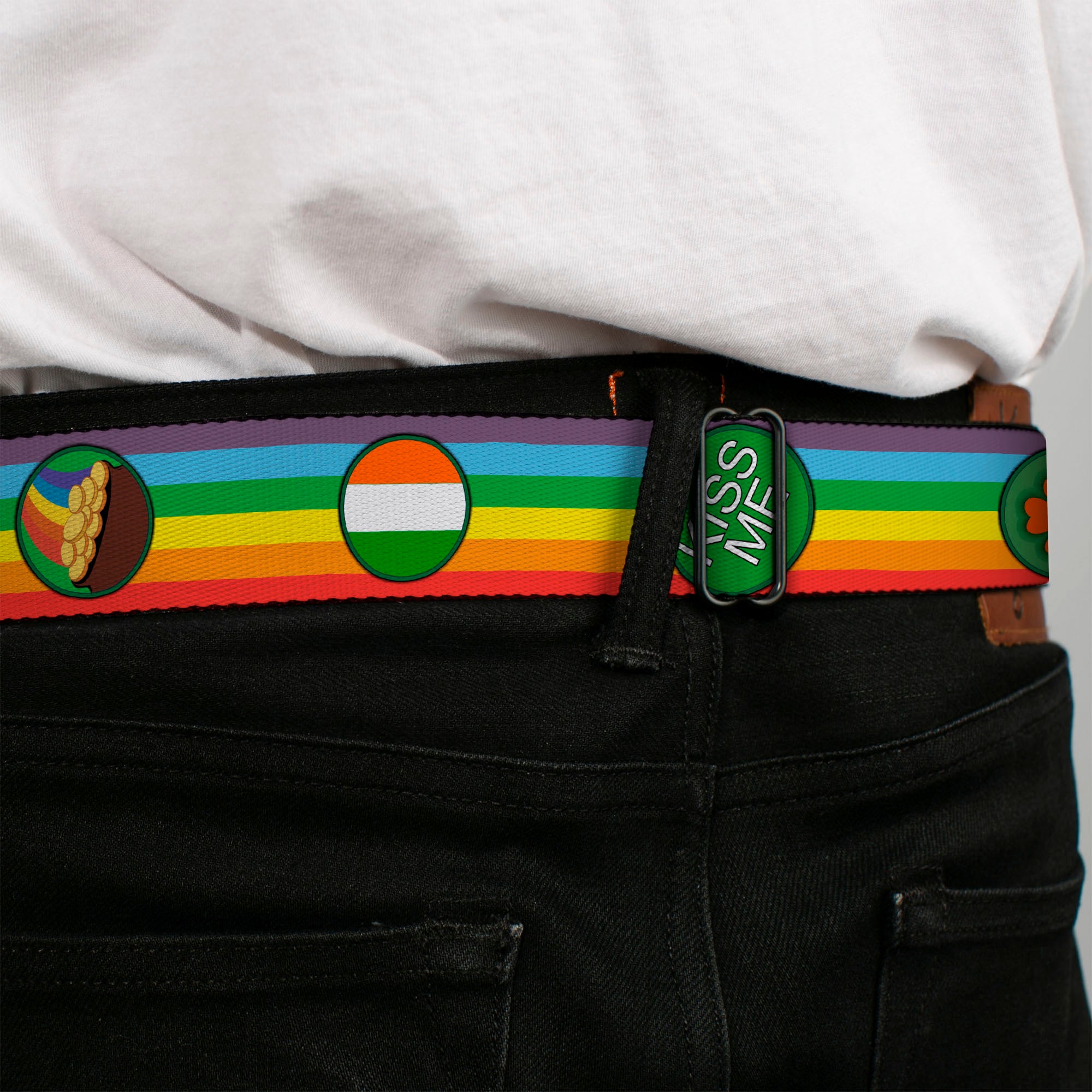 BD Wings Logo CLOSE-UP Full Color Black Silver Seatbelt Belt - St. Pat's Rainbow/Coins Webbing Seatbelt Belts Buckle-Down