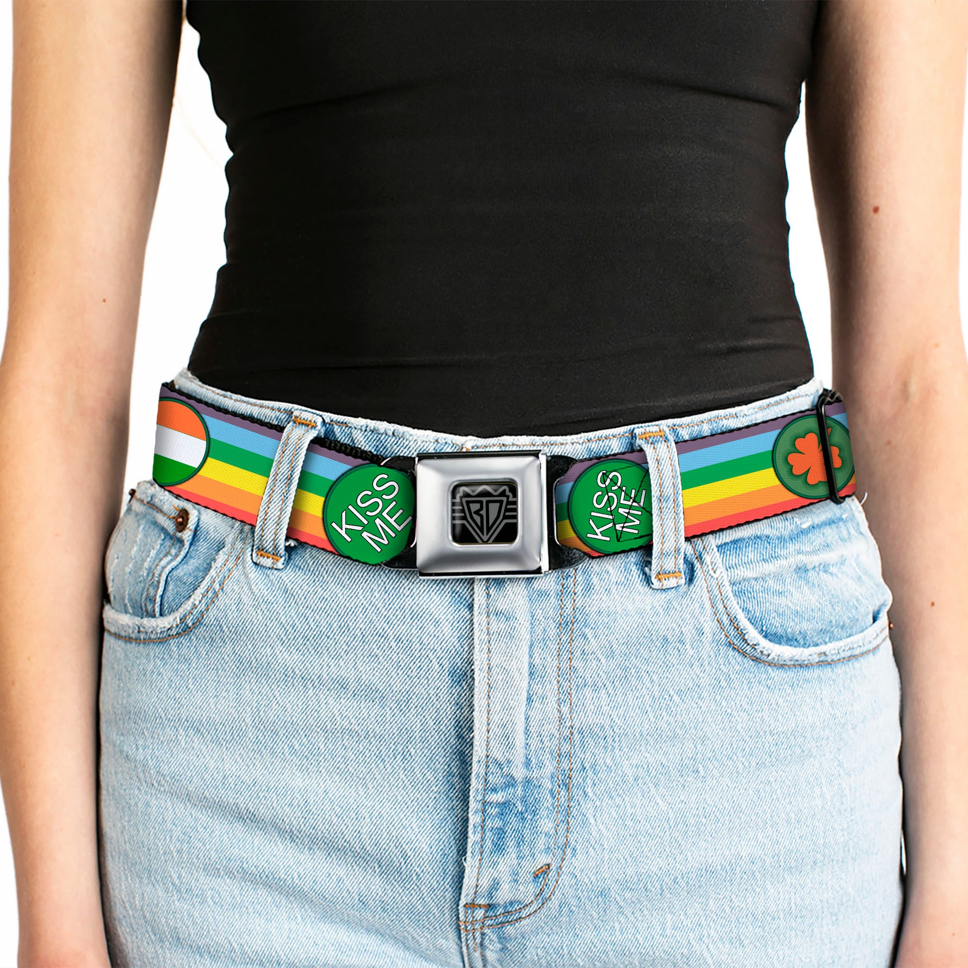 BD Wings Logo CLOSE-UP Full Color Black Silver Seatbelt Belt - St. Pat's Rainbow/Coins Webbing Seatbelt Belts Buckle-Down