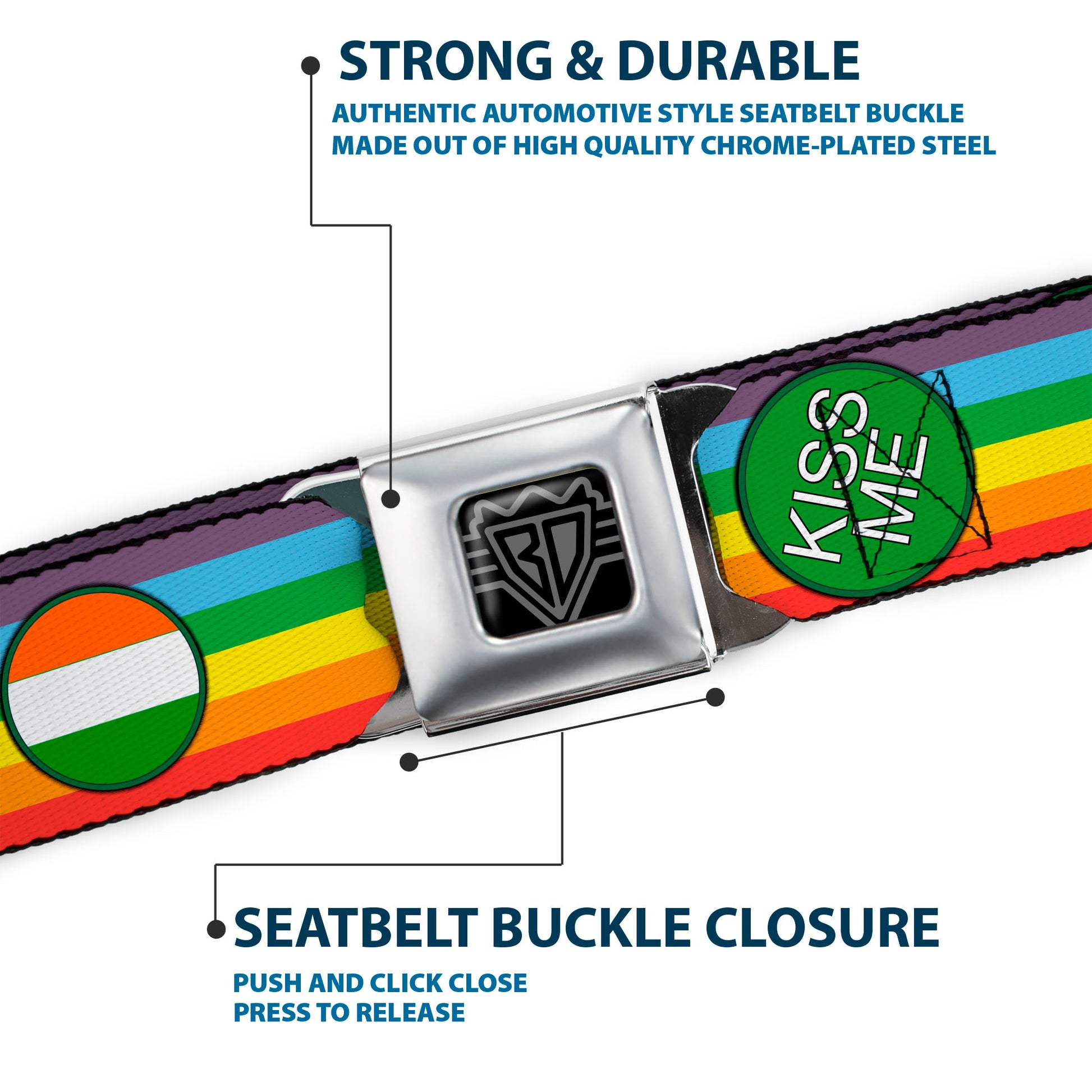 BD Wings Logo CLOSE-UP Full Color Black Silver Seatbelt Belt - St. Pat's Rainbow/Coins Webbing Seatbelt Belts Buckle-Down