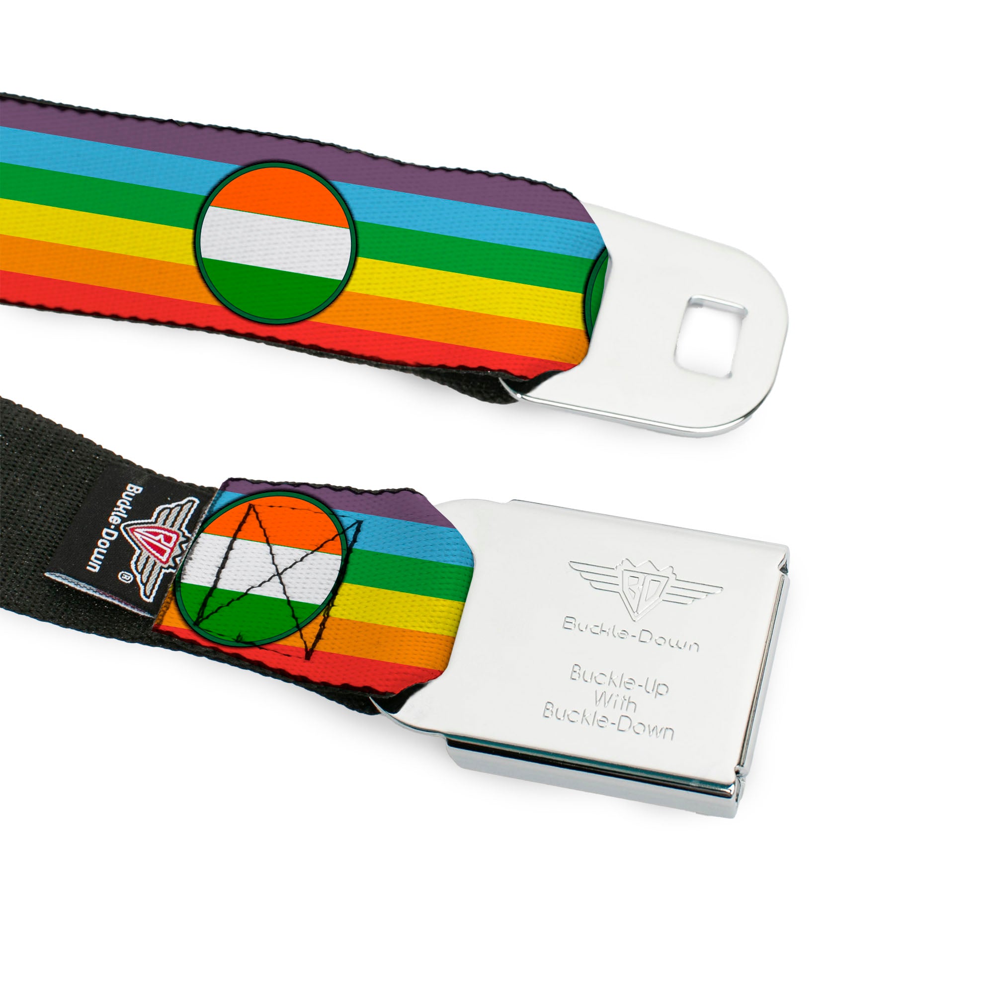 BD Wings Logo CLOSE-UP Full Color Black Silver Seatbelt Belt - St. Pat's Rainbow/Coins Webbing Seatbelt Belts Buckle-Down